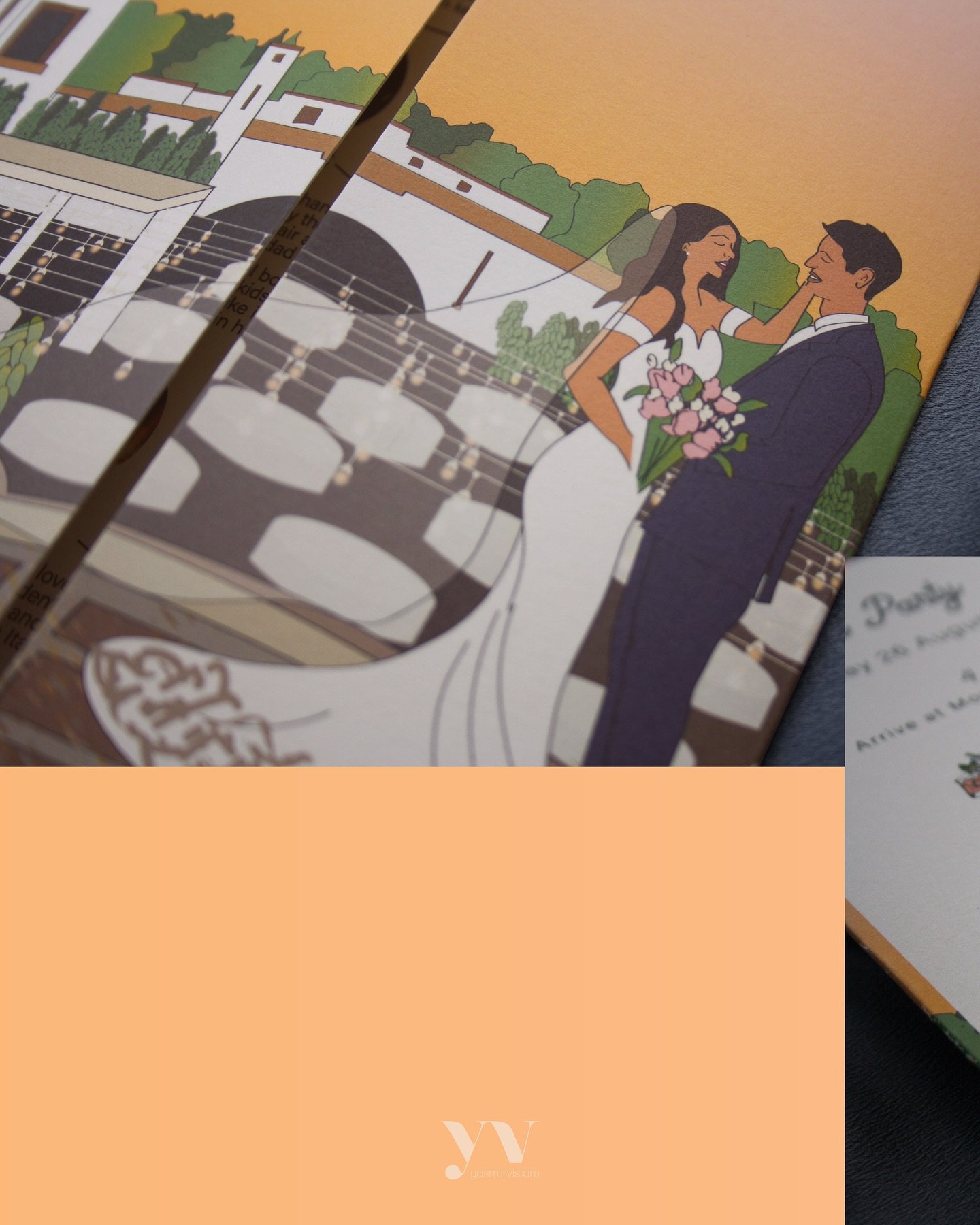 🤍 Just bellissimo 

Creating an illustration of the couple in their wedding outfits, posing on the roof of the venue, all set up for the guests to arrive under the Italian sunset sky. 

A double take.. the most perfect illustration to wow your guest