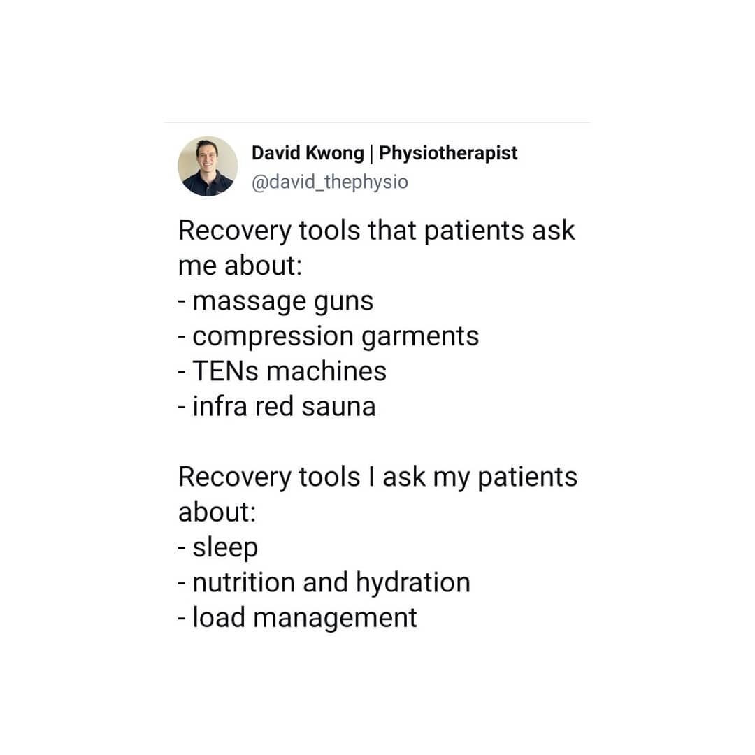 This is not to say that these tools don't work but...

Master the basics first, then worry about the one percenters 

SLEEP
DIET
HYDRATION
LOAD MANAGEMENT 
.
.
.
#physiotherapist #physio #sydney #recovery