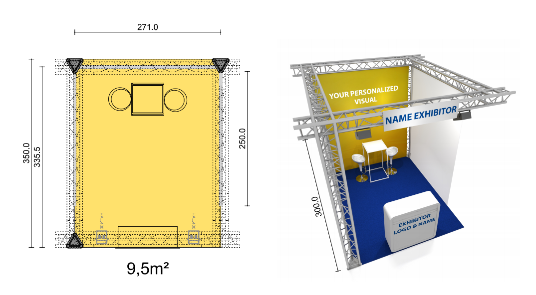Construction : Standing Truss structure with branded backdrop and sides in white transparent voile (not draped). Fascia : 1 x Nameplate with a name in standard lettering Floor Cover : Carpet Includes : 1 x Bar table, white frame and table top (WxD 60x60cm/H112cm) 2 x Barstool, white frame, seat white 1 x Branded Backdrop WxH 270cm x 300cm 1 x white desk with branding Lighting : 2 x LED spot 50W Electrical Sockets: 1 x Connection 1000W / 230V WIFI access Additional Equipment (at extra costs) Regarding the rental of extra equipment, such as special carpets/wooden floor, furniture, decoration, signage, audio visual equipment, extra internet lines, lighting, etc, please contact us at elexhibition2019@eventmasters.be when your registration is confirmed.