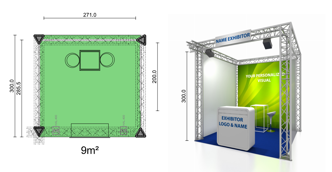 Construction : Standing Truss structure with branded backdrop at the back and sides in white transparent voile (not draped). Fascia : 1 x Nameplate with a name in standard lettering Floor Cover : Carpet Includes : 1 x Bar table, white frame and table top (WxD 60x60cm/H112cm) 2 x Barstool, white frame, seat white 1 x Branded Backdrop WxH 270cm x 300cm 1 x white desk with branding Lighting : 2 x LED spot 50W Electrical Sockets: 1 x Connection 1000W / 230V Wifi access Additional Equipment (at extra costs) Regarding the rental of extra equipment, such as special carpets/wooden floor, furniture, decoration, signage, audio visual equipment, extra internet lines, lighting, etc, please contact us at elexhibition2019@eventmasters.be when your registration is confirmed.
