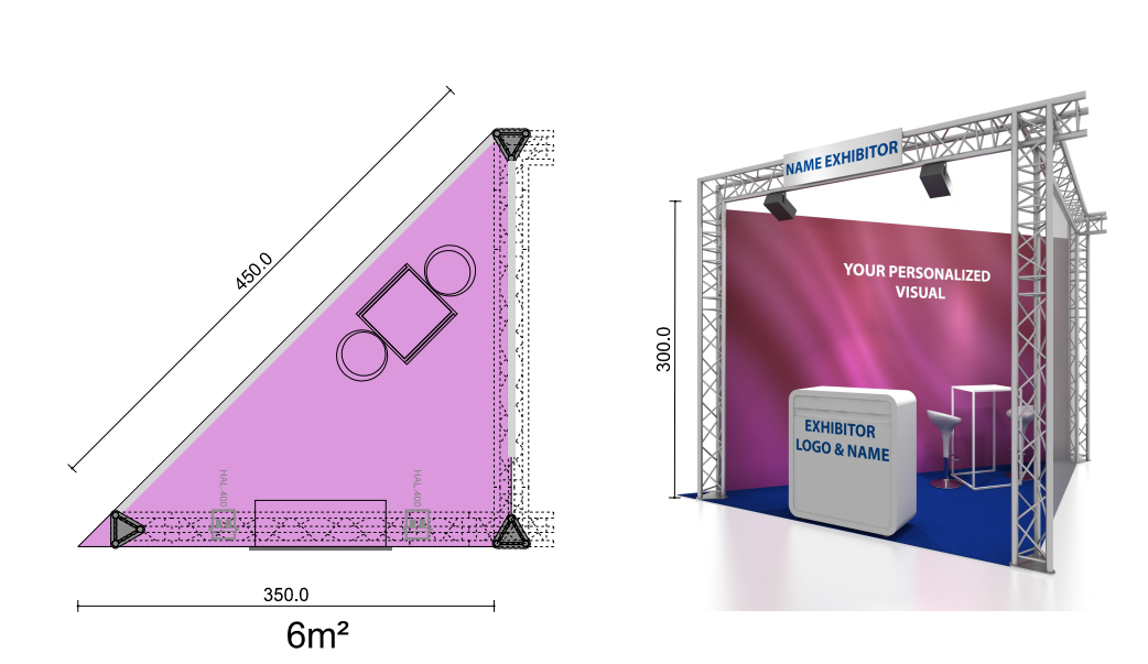 Construction : Standing Truss structure with branded backdrop and sides in white transparent voile (not draped). Fascia : 1 x Nameplate with a name in standard lettering Floor Cover : Carpet Includes : 1 x Bar table, white frame and table top (WxD 60x60cm/H112cm) 2 x Barstool, white frame, seat white 1 x Branded Backdrop WxH 450cm x 300cm 1 x white desk with branding Lighting : 2 x LED spot 50W Electrical Sockets: 1 x Connection 1000W / 230V Wifi access Wifi access Additional Equipment (at extra costs) Regarding the rental of extra equipment, such as special carpets/wooden floor, furniture, decoration, signage, audio visual equipment, extra internet lines, lighting, etc, please contact us at elexhibition2019@eventmasters.be when your registration is confirmed.