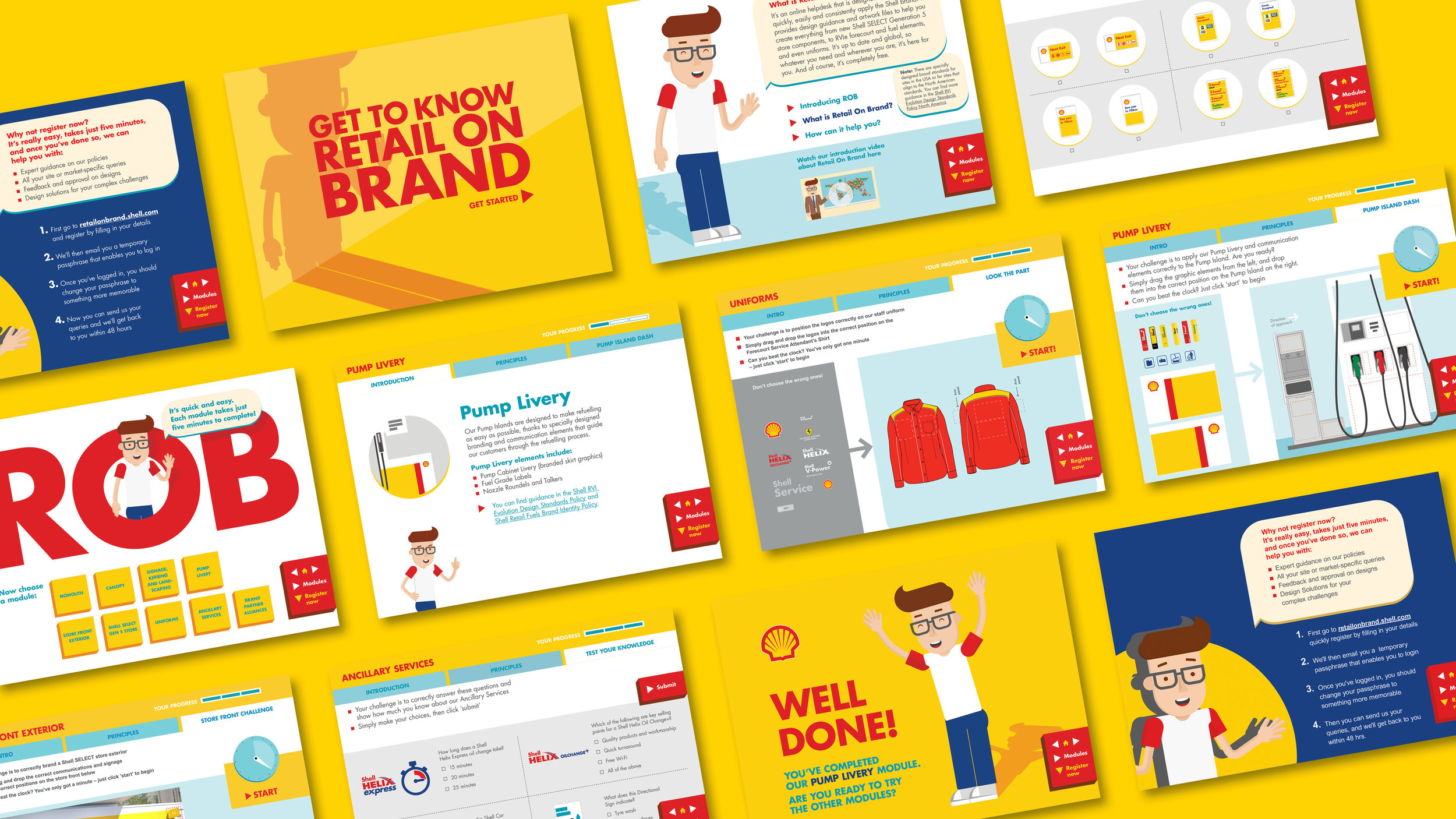 Screens from the online training modules – including interactive games.