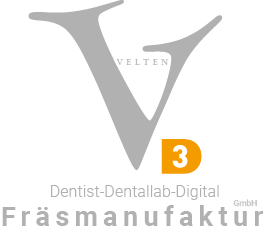Logo einer digitalen Zahntaschen-Content-Fabrik mit schwarzem Hintergrund und grauem V, orangenem D  Nummer 3, was für Digital, Dental, Dentist seht, weißer Text, der 'Fräsmanufaktur' und andere Begriffe enthält.