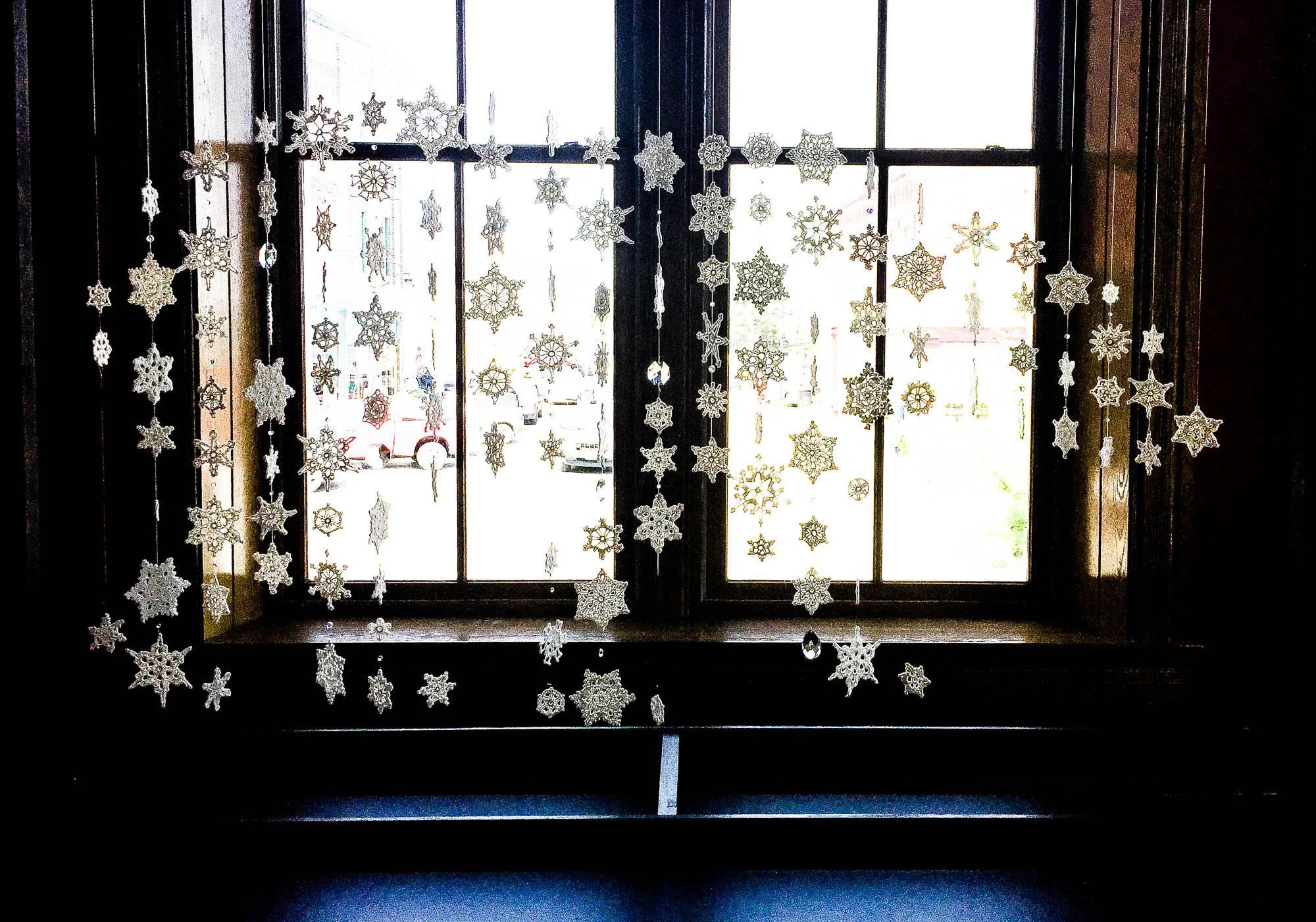 Spectre , 2014, crocheted wool, crystals, wooden armature; installation at Tides Institute and Museum, Eastport ME photo: Markley Boyer