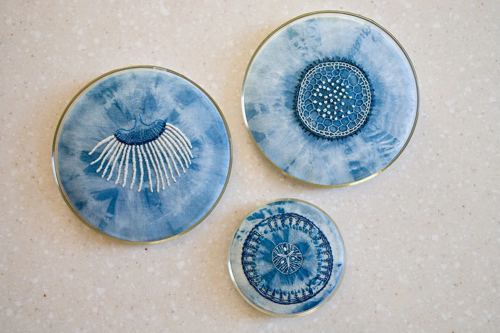 Labouratoire , indigo tie-dye and cotton embroidery on cotton and linen, glass Petri dishes, table, 2007 Photo: Jeff Crawford