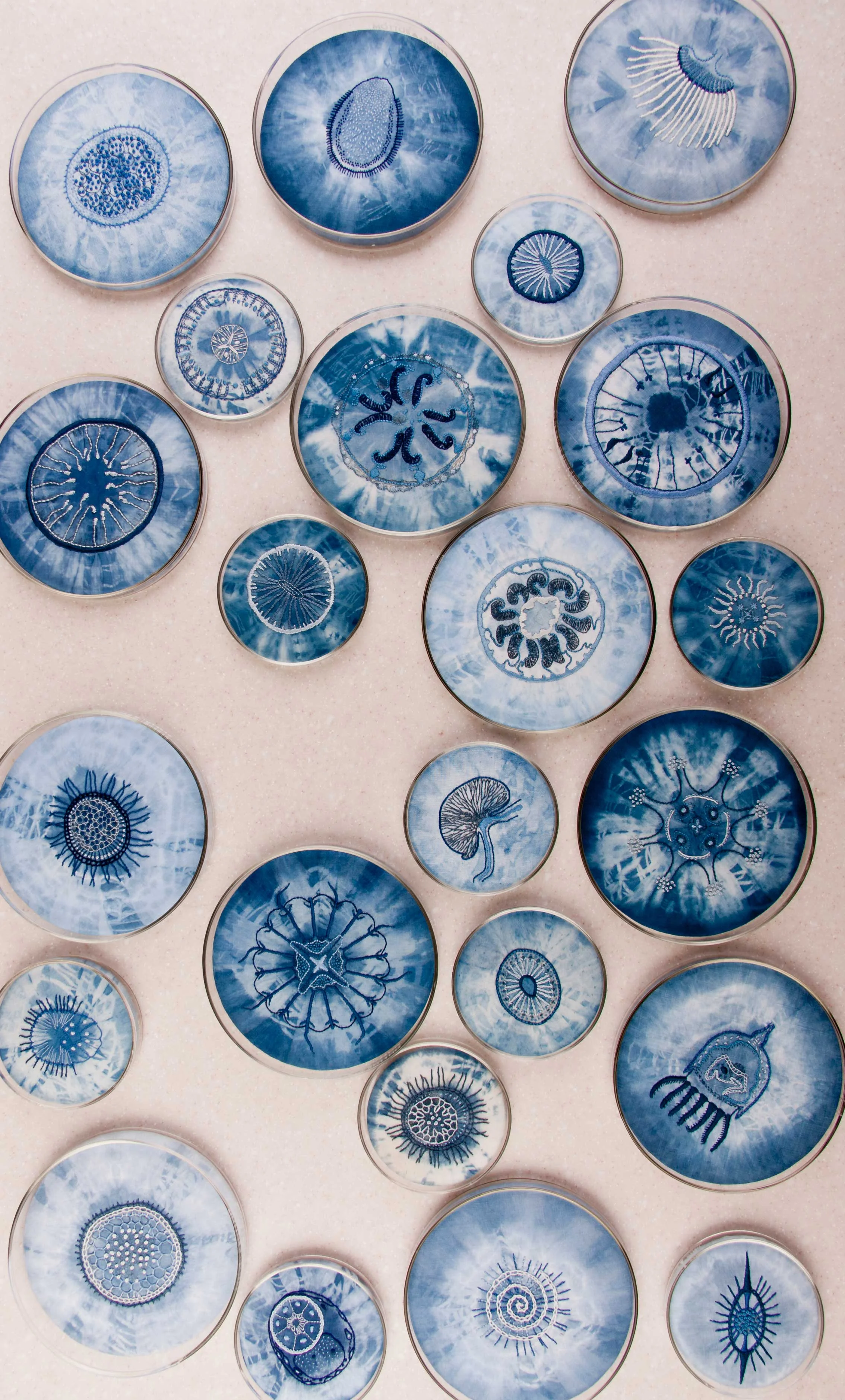 Labouratoire, indigo tie-dye and cotton embroidery on cotton and linen, glass Petri dishes, table, 2007 Photo: Jeff Crawford