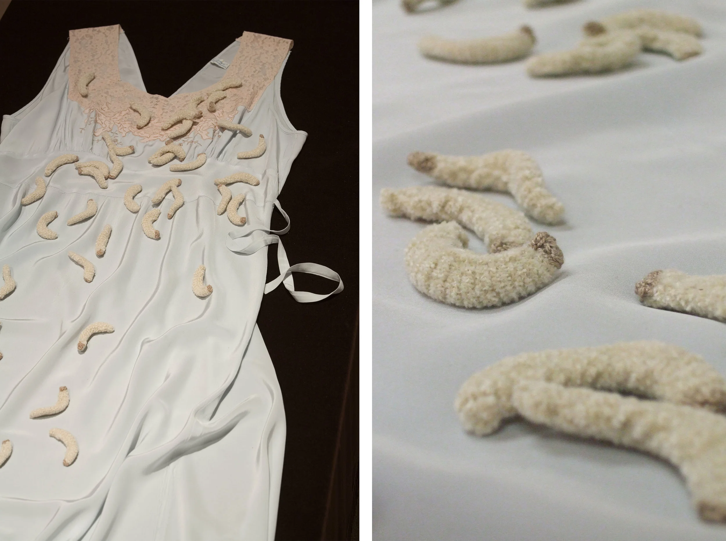 Chenille , 2005, hand-knit silk chenille, found silk nightgown