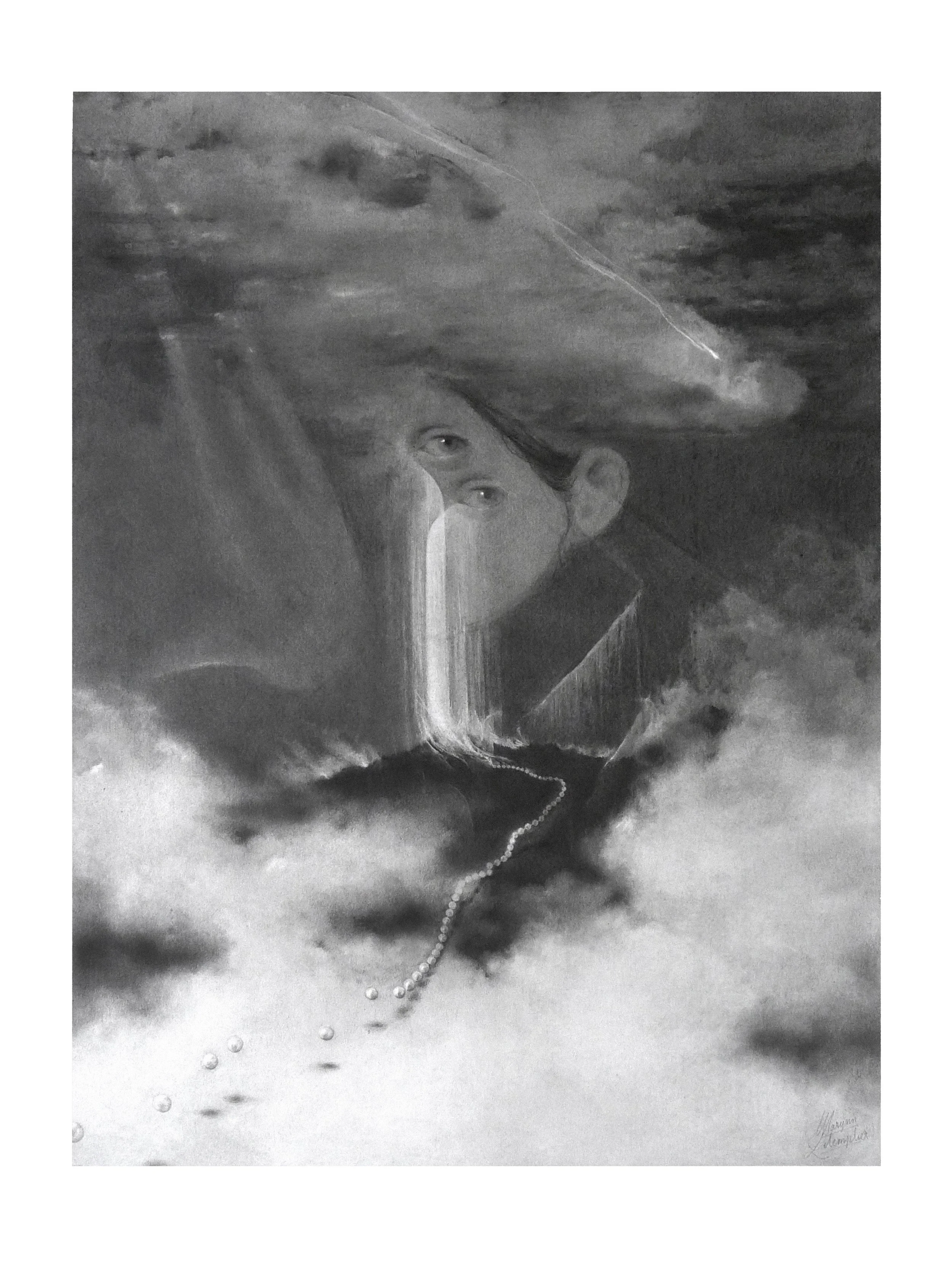 Pearls of tears. Graphite drawing, surreal illustration, black and white pencils, realistic illustration. ©MarynnLetemplier