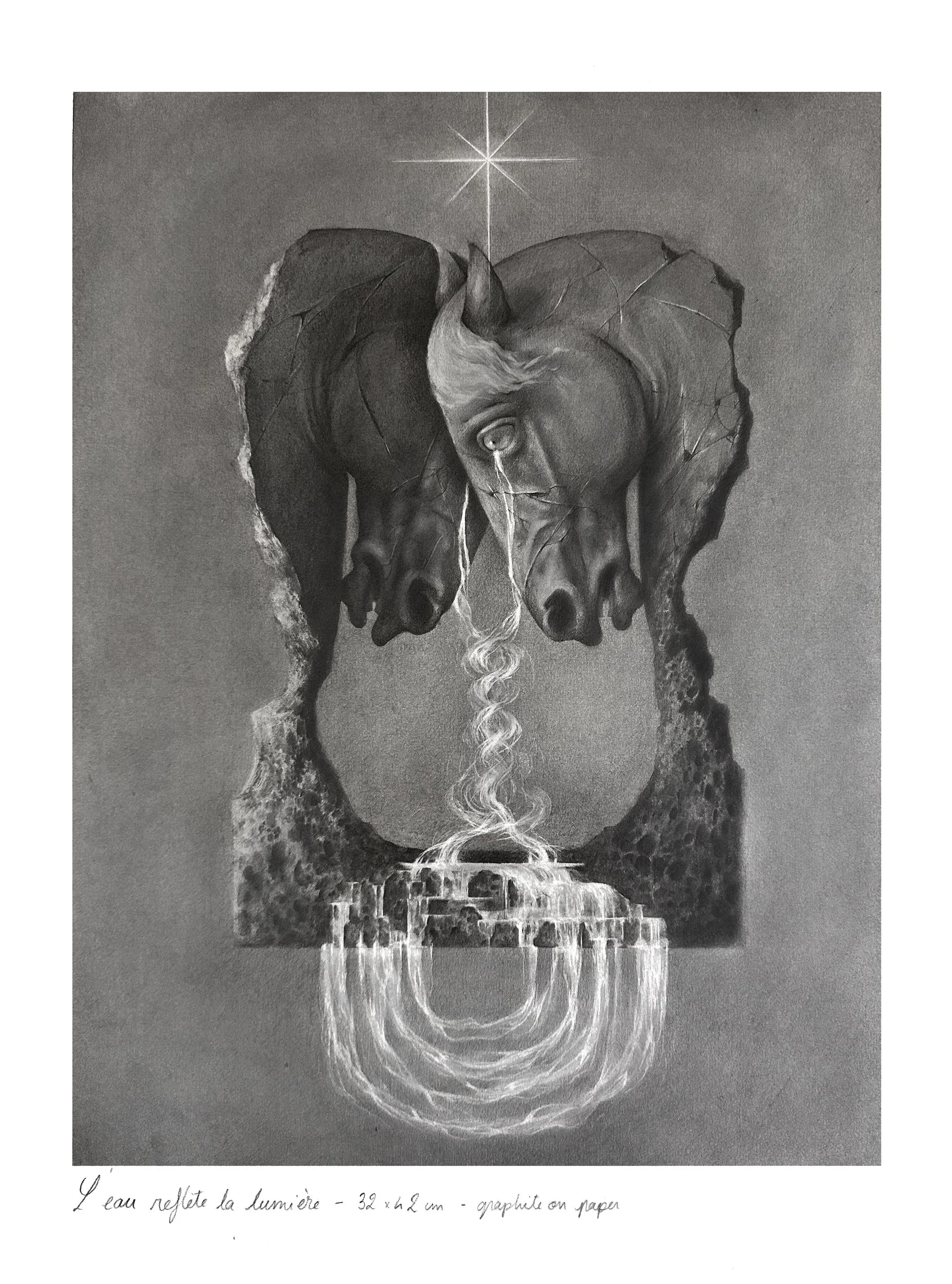 Pearls of tears. Graphite drawing, surreal illustration, black and white pencils, realistic illustration, two crying horses made of stone facing each others, their tears are flowing into a same body of river into an infinite loop. ©MarynnLetemplier