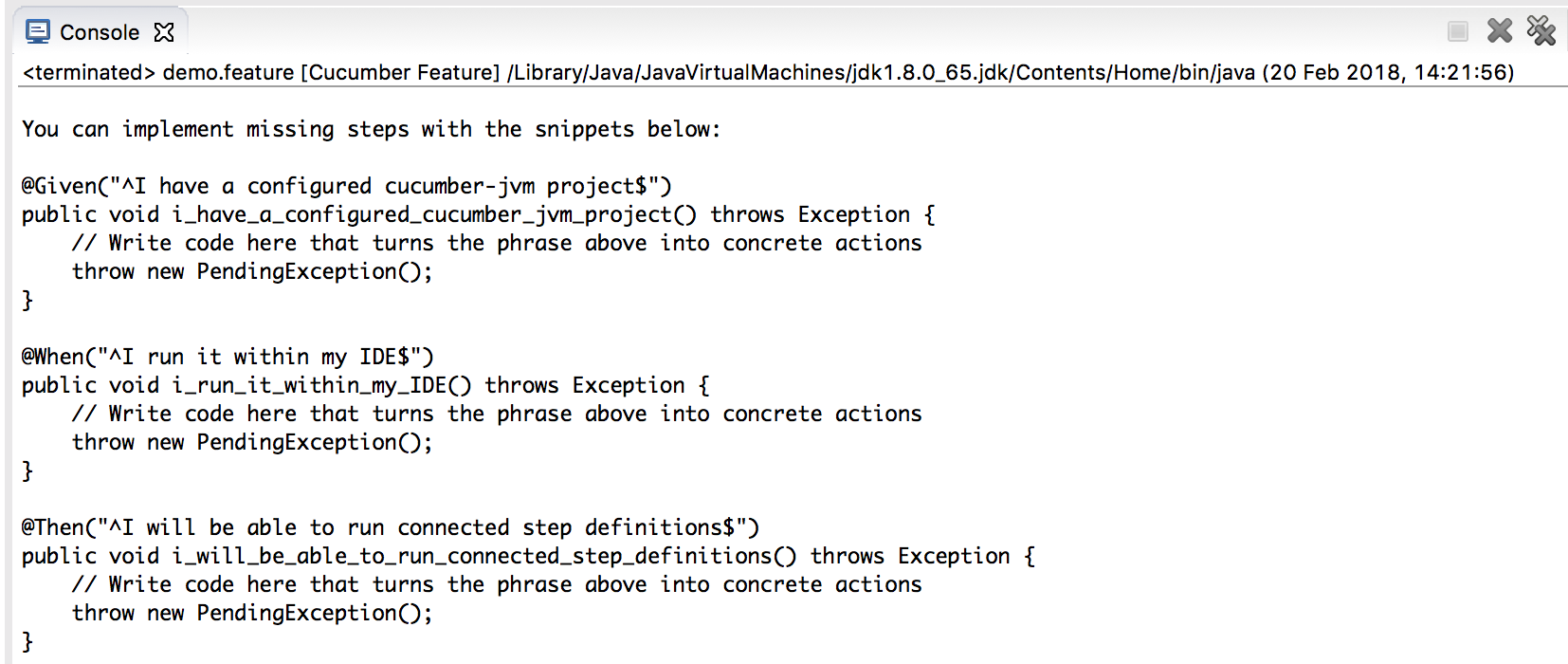 console output - cucumber jvm tutorial