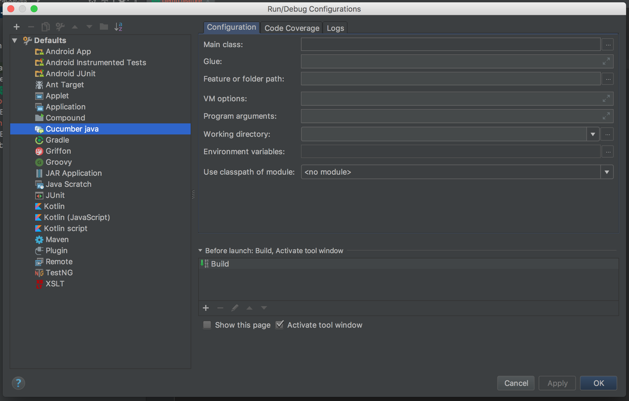 Run/Debug configurations screenshot - cucumber testing java - cucumber java
