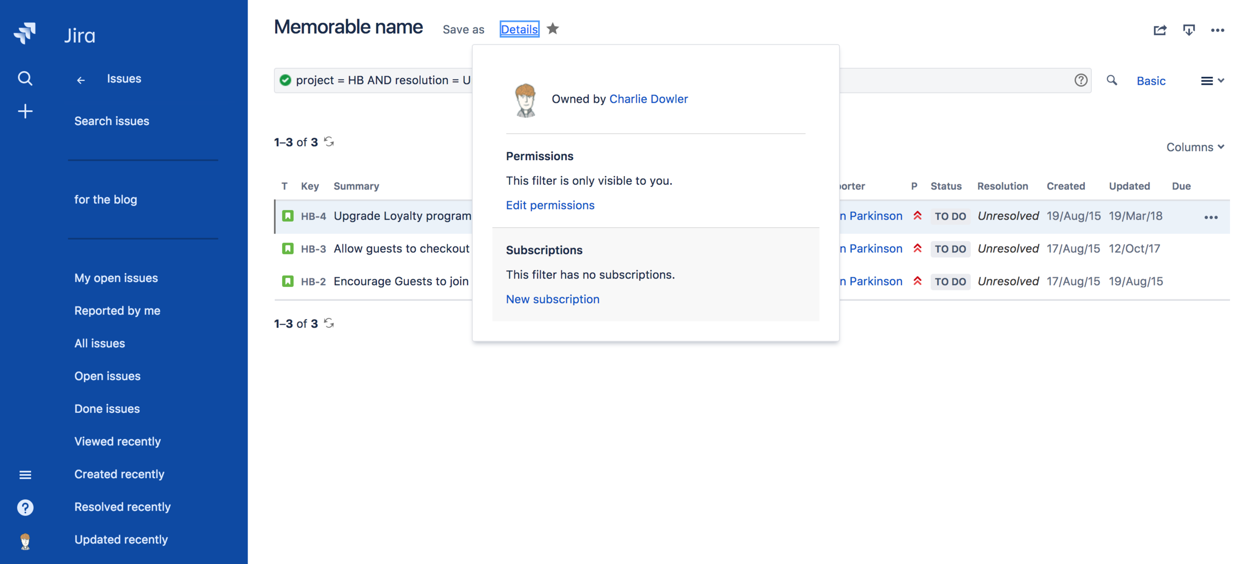 Hindsight Jira memorable name screenshot