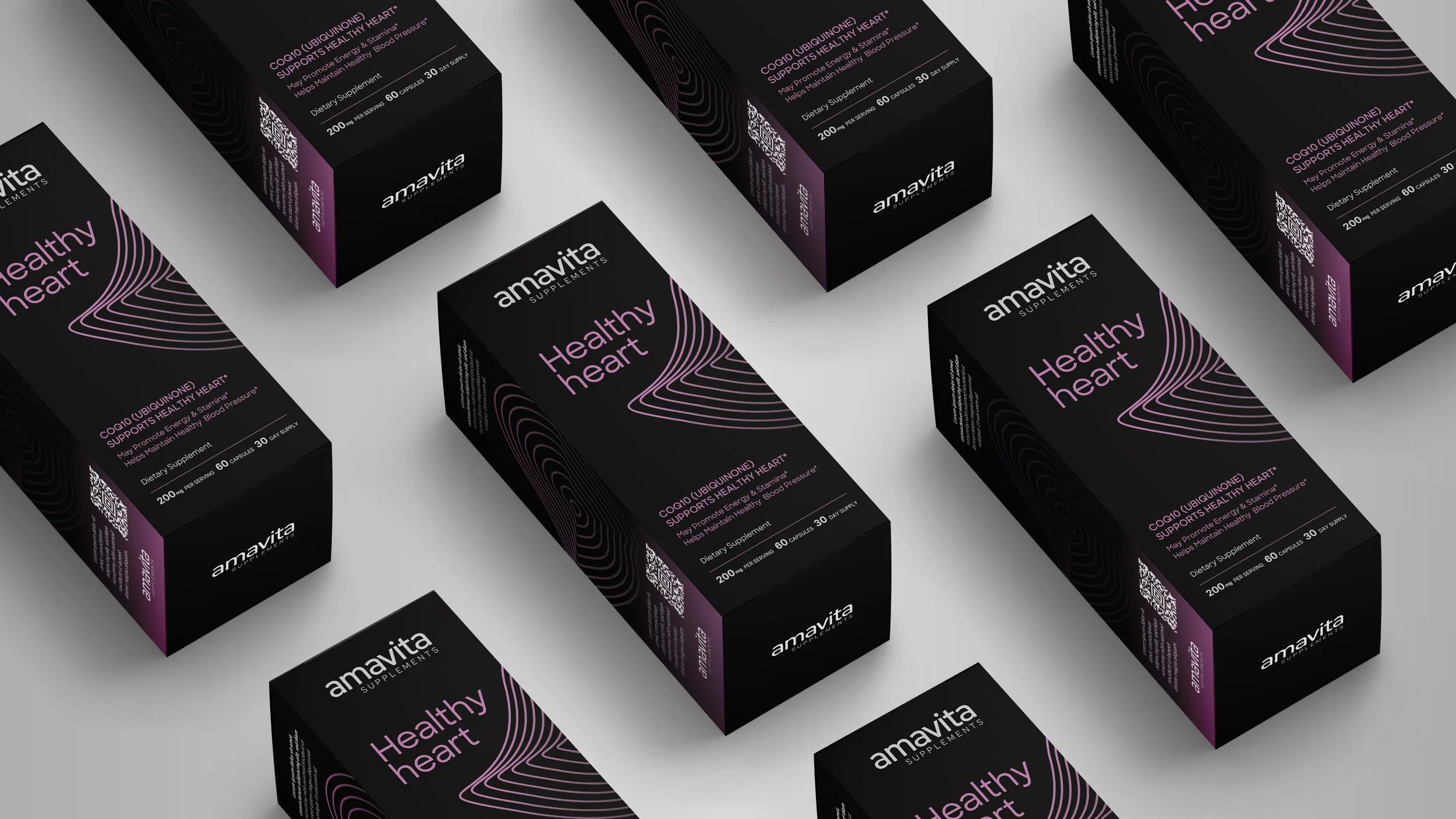  The packaging maintains Amavita's desired minimalism—clean typography, clear information—but the waveform graphics give each product personality and shelf presence. The result is a supplement line that feels both sophisticated and approachable.  