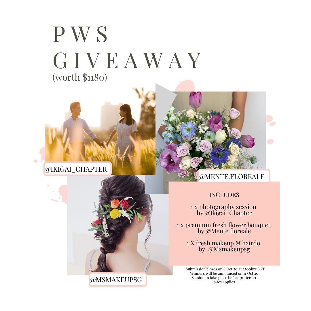 PWS GIVEAWAY &ndash; Up to 2-HOURS SHOOT SESSION WORTH S$1180

Looping in my new partners in the industry @ikigai_chapter and @mente.floreale for an exciting giveway to ONE lucky couple!
We&rsquo;re giving away an up to 2-hours PWS which includes:
1 
