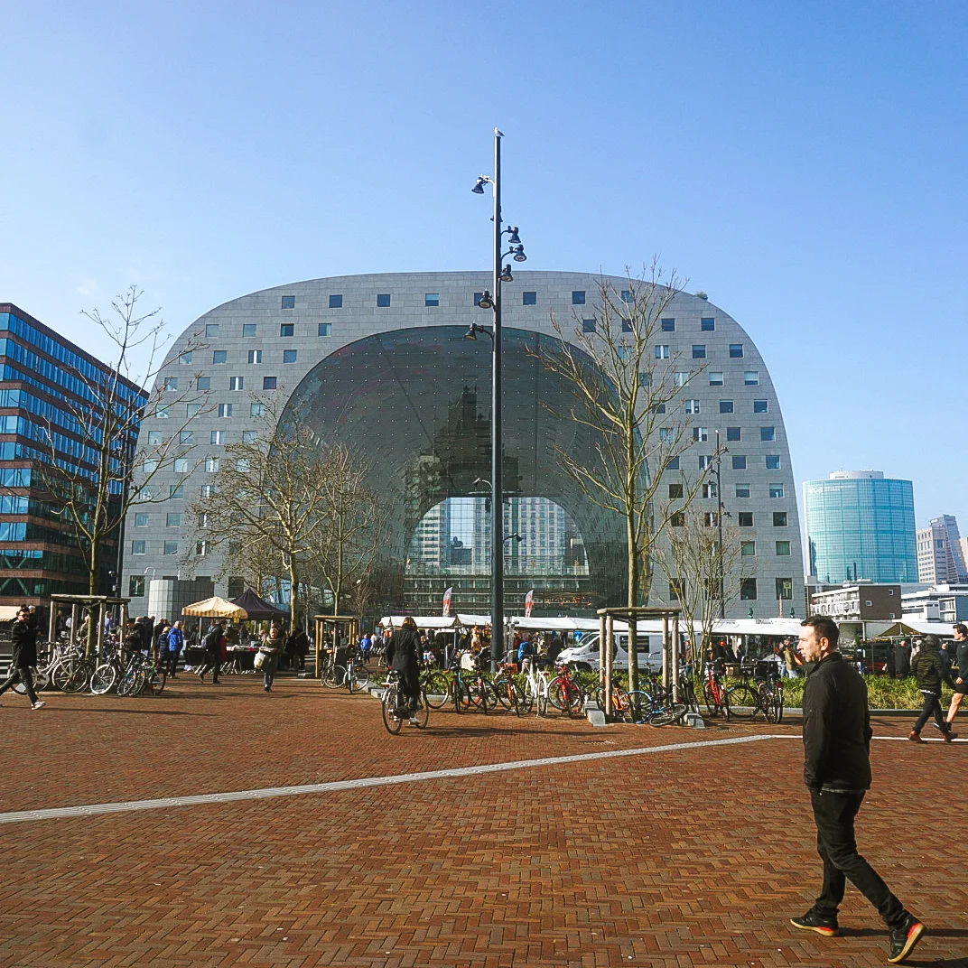 Rotterdam Horsehoe shaped Markthal from the outside on a sunny day