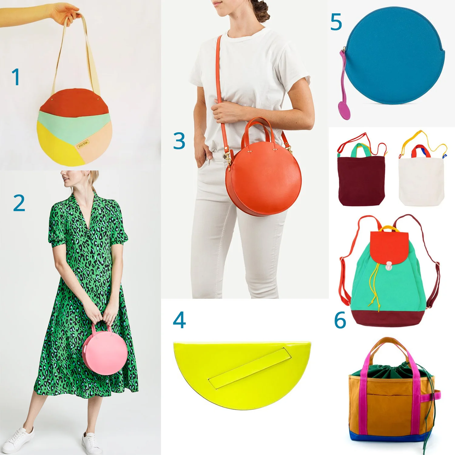 1: colorblocking / 2: bold color mixing / 3: bold colors that go with everything / 4: neon (because you can!) 5: unexpected color / 6: not a circle bag, but more colorblocking inspiration (please, someone indulge me)