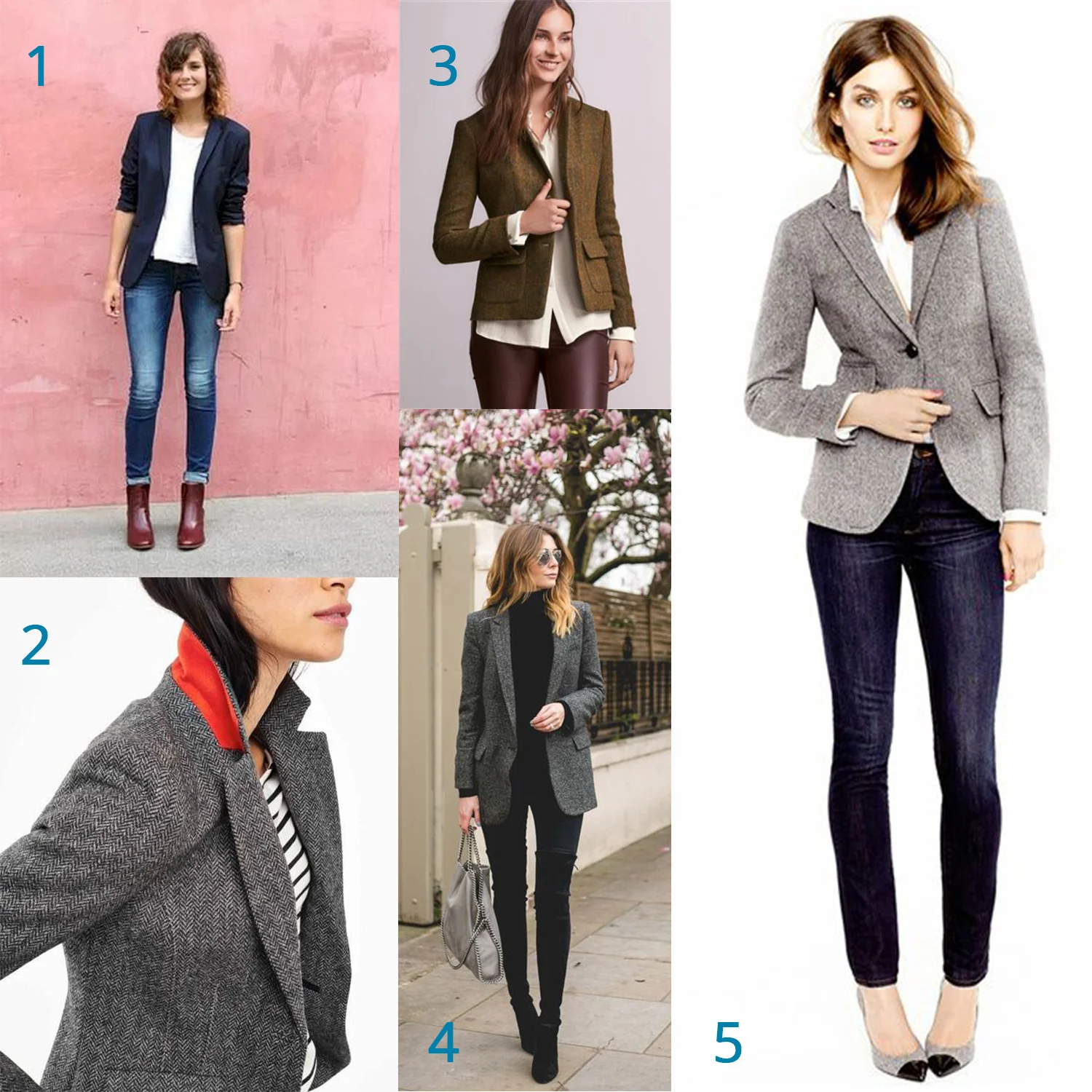 1: Casual day look, 2: Contrast collar inspiration , 3: Business causal with an edge , 4: Travel uniform , 5: Lunch meeting