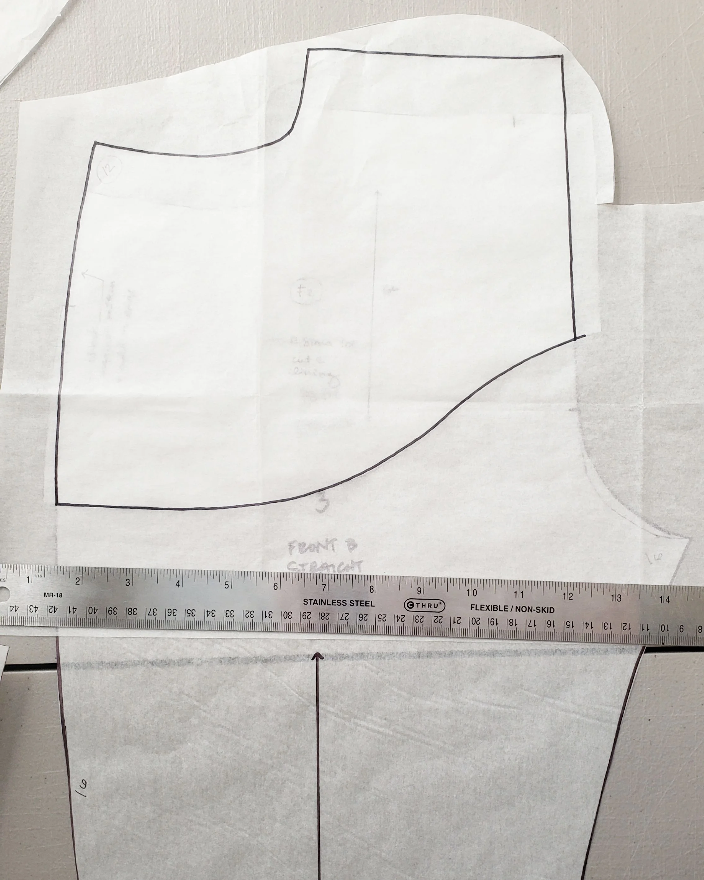 4. Traced rise and front of Dawn Jeans leg with bottom curve of Ginger pocket stay onto ne pattern piece.