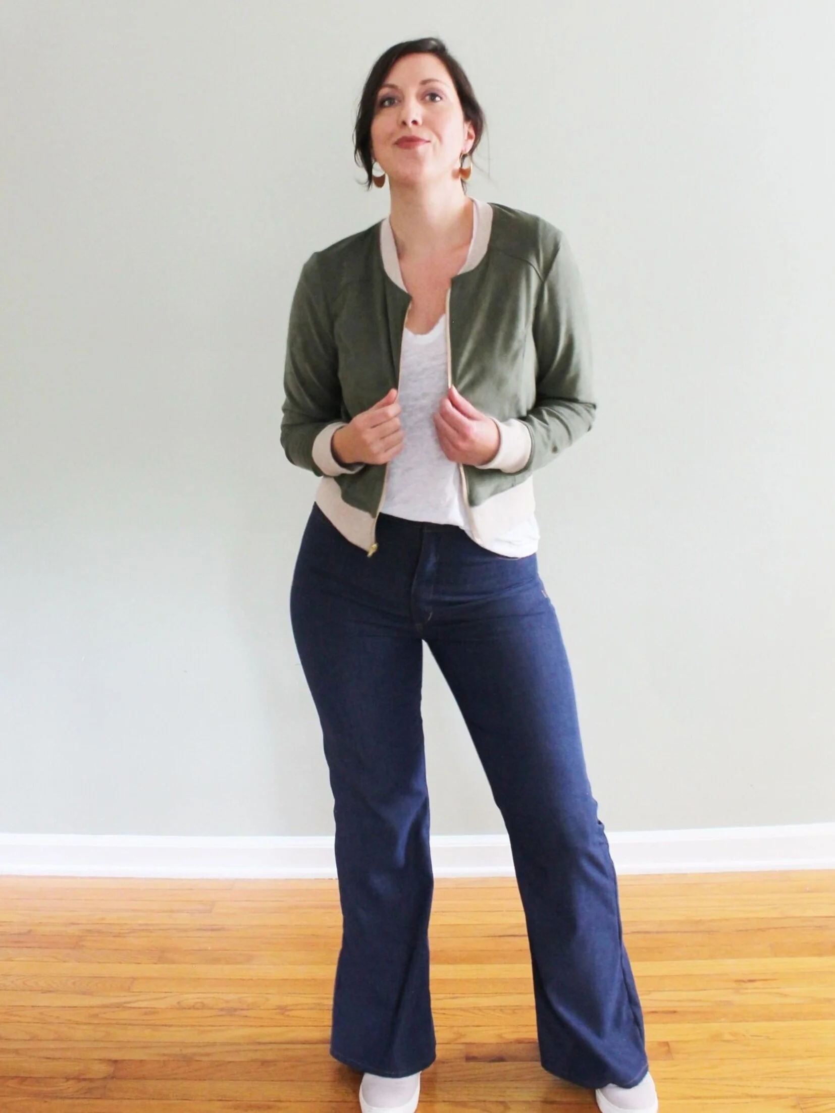 Lightweight Rigid Denim Dawn Jeans with Pattern Scout Lulu Cardigan over self-drafted linen jersey tee