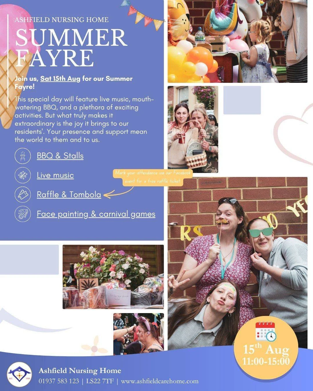 ☀️ Join us on Saturday 15th August for our Summer Fayre, a fun-filled day for all the family!

Enjoy live music, a delicious BBQ, raffle and tombola, face painting, carnival games, and a variety of stalls. There will be plenty to see, do, and enjoy t