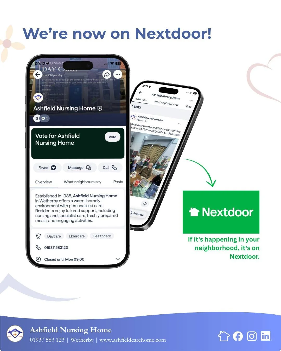 📢 We're now on Nextdoor!

We're delighted to have joined the Nextdoor community, giving us another way to connect with our neighbours here in Wetherby and the surrounding area. 🏠

On our Nextdoor page, we'll be sharing updates from around the home,