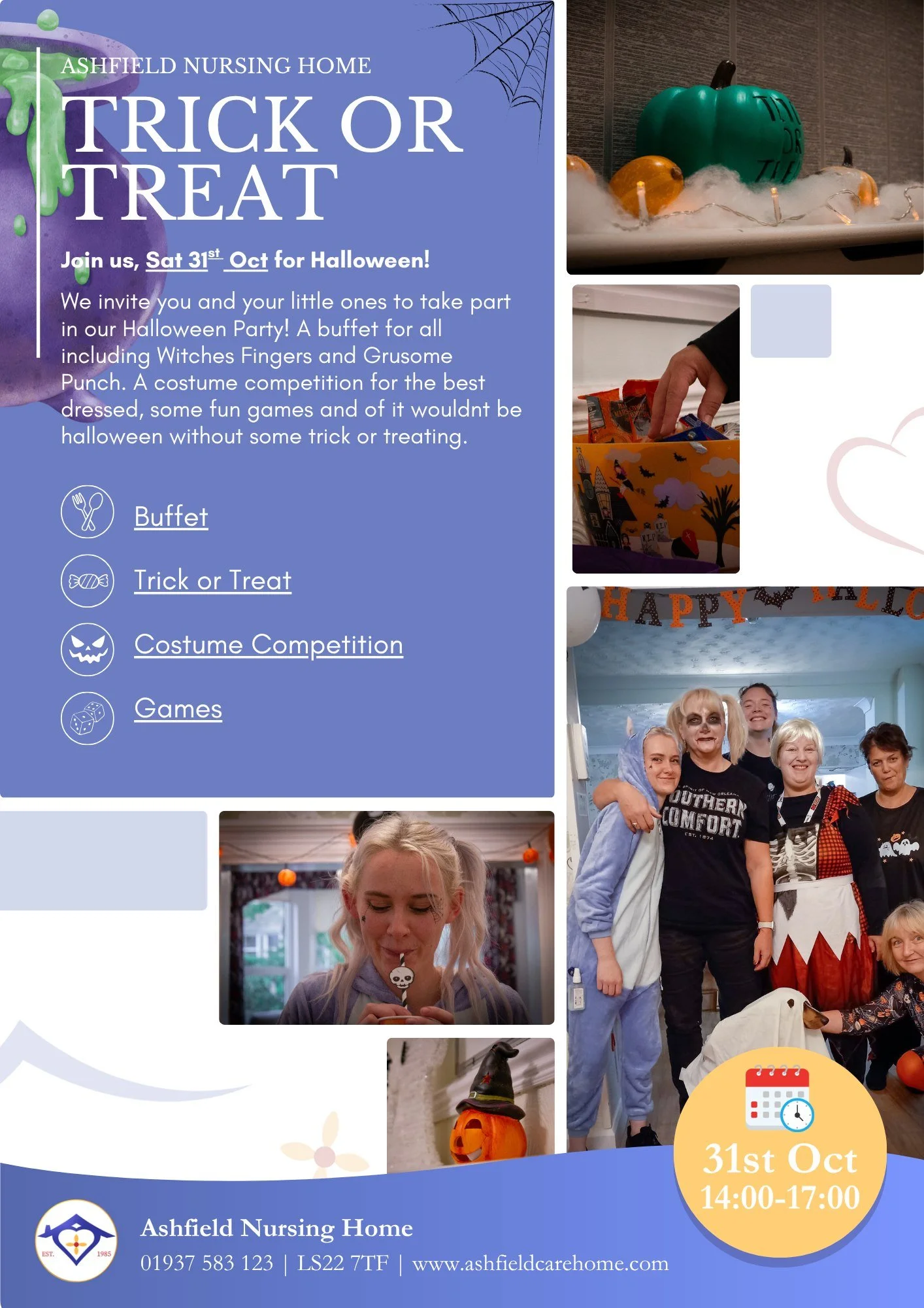 🎃 Something spooky is coming to Ashfield Nursing Home! 👻

Join us for Trick or Treat at Ashfield on Saturday 31 October, from 2pm to 5pm. There will be a free Halloween buffet with witches&rsquo; fingers and gruesome punch, fun themed games, a best