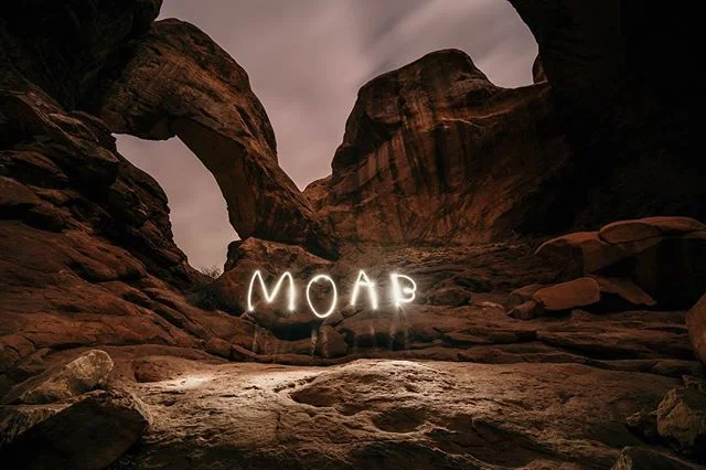 Moab under a cloudy full moon! I think the best time to be out here is when the crowds go away and you have the whole place to yourself. We didn&rsquo;t get the stars we wanted so we added our own little pop. Need to work on those backwards B&rsquo;s