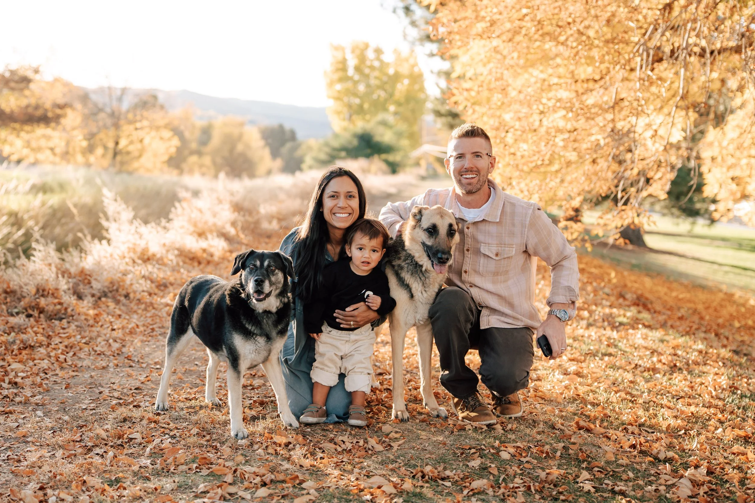 Family photo of Tim Gillies with wife and son and dogs in Lakewood, CO with fall colors and mountains in the distance