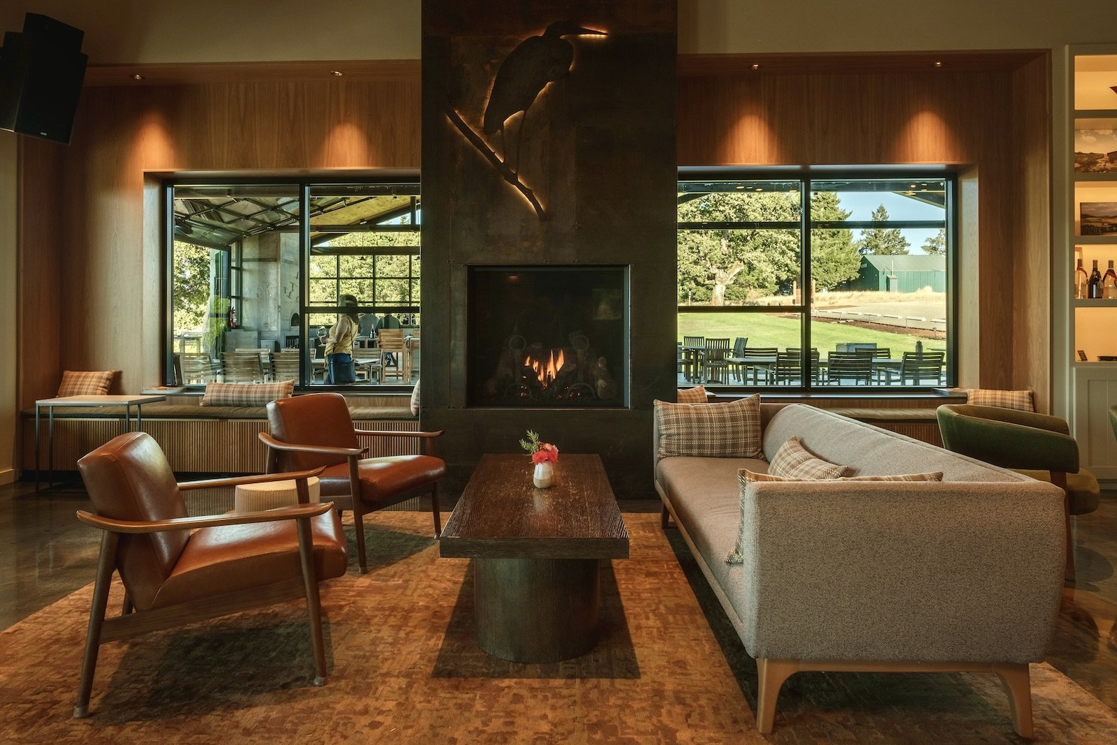 The fireplace in the Andante tasting room