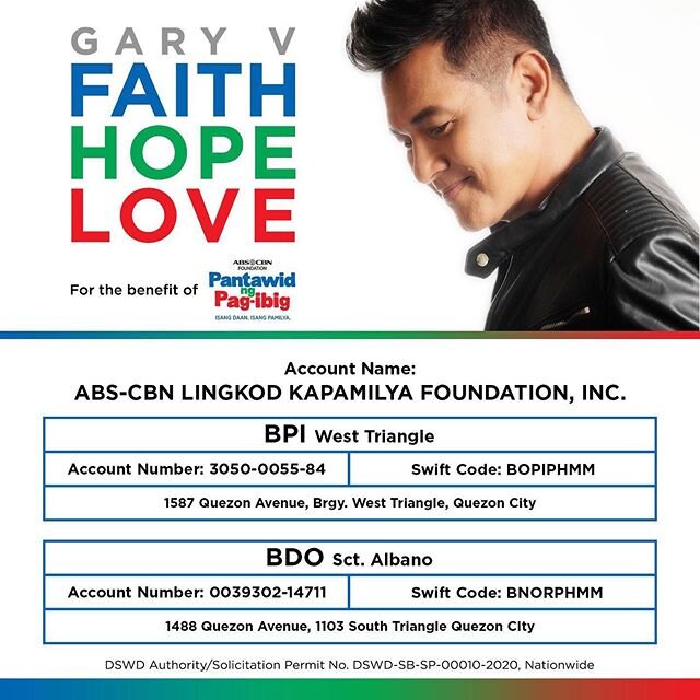 Ways to donate, mga Kapamilya! Please see details for #GaryVFaithHopeLove a Digital Concert for the benefit of #PantawidNgPagibig this Saturday, 9PM. See you!

Facebook LIVE: 
ABS-CBN http://fb.com/ABSCBNnetwork 
TFC The Filipino Channel http://fb.co