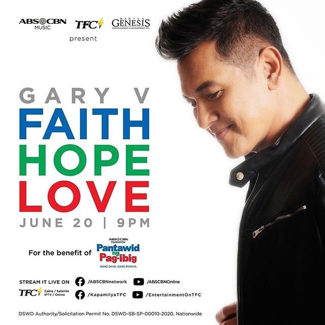 TONIGHT!! 💙💚❤️ Join us JUNE 20 SAT, 9PM for another musical night with Gary Valenciano Official !! Swipe for more details to donate through #GaryVFaithHopeLove for #PantawidNgPagibig #KapamilyaForever Facebook LIVE on: @kapamilyatfc fb.com/Kapamily