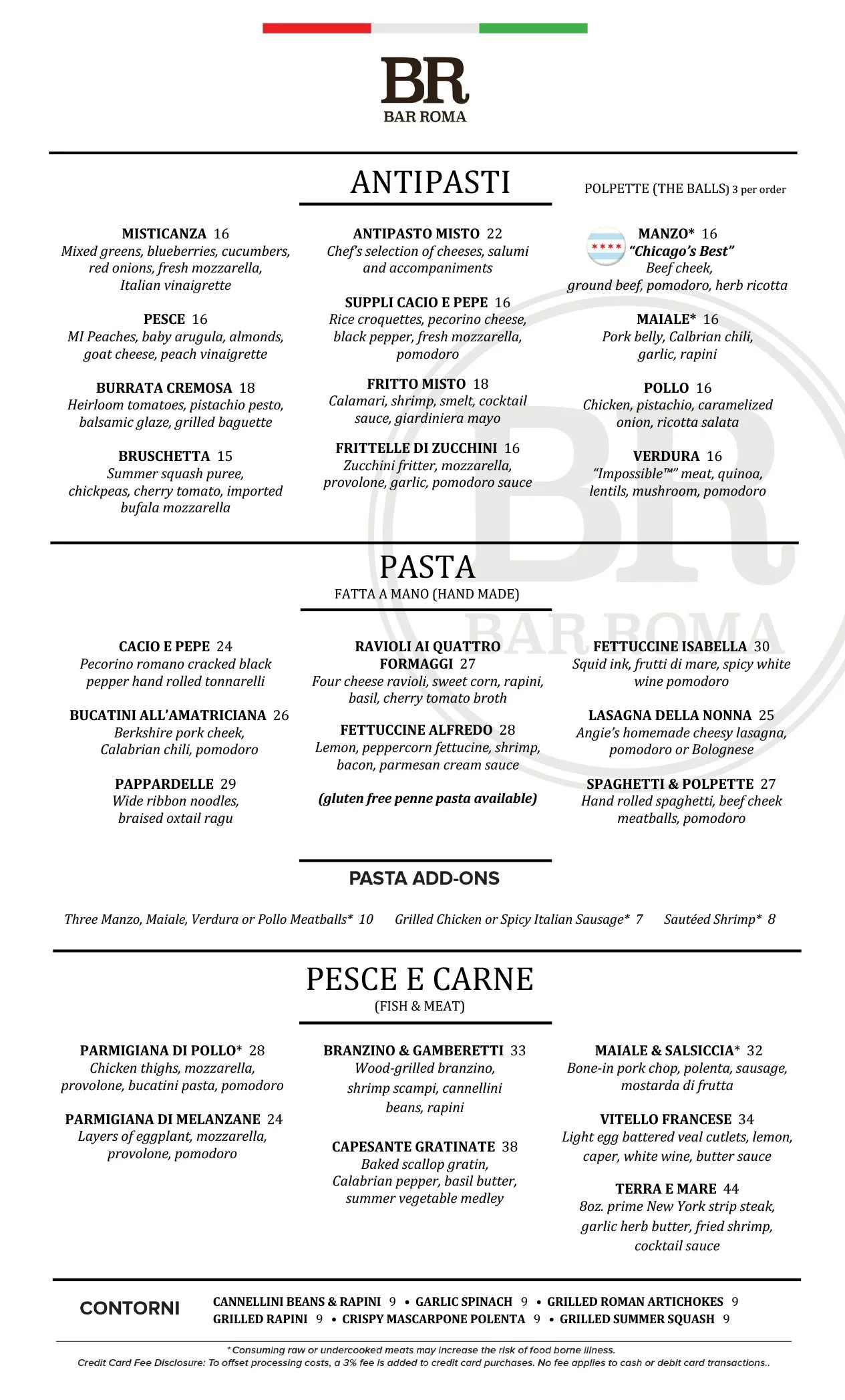 Tree Bar Menu Roma Dinner Menu — Bar Roma