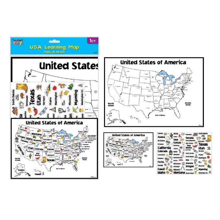 20" X 14" Maps Usa , With 8.5" X 11" Sticker Sheet,1- 7" X 10 " Map Guide