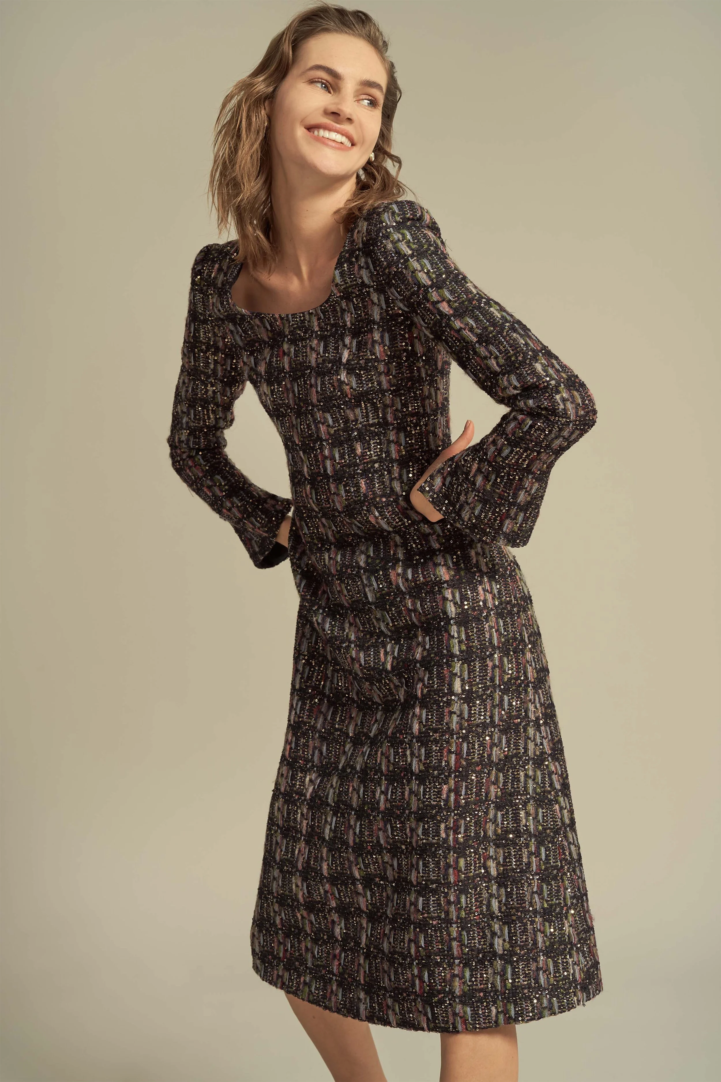 Maron Falling Long Sleeve Tweed Dress 
