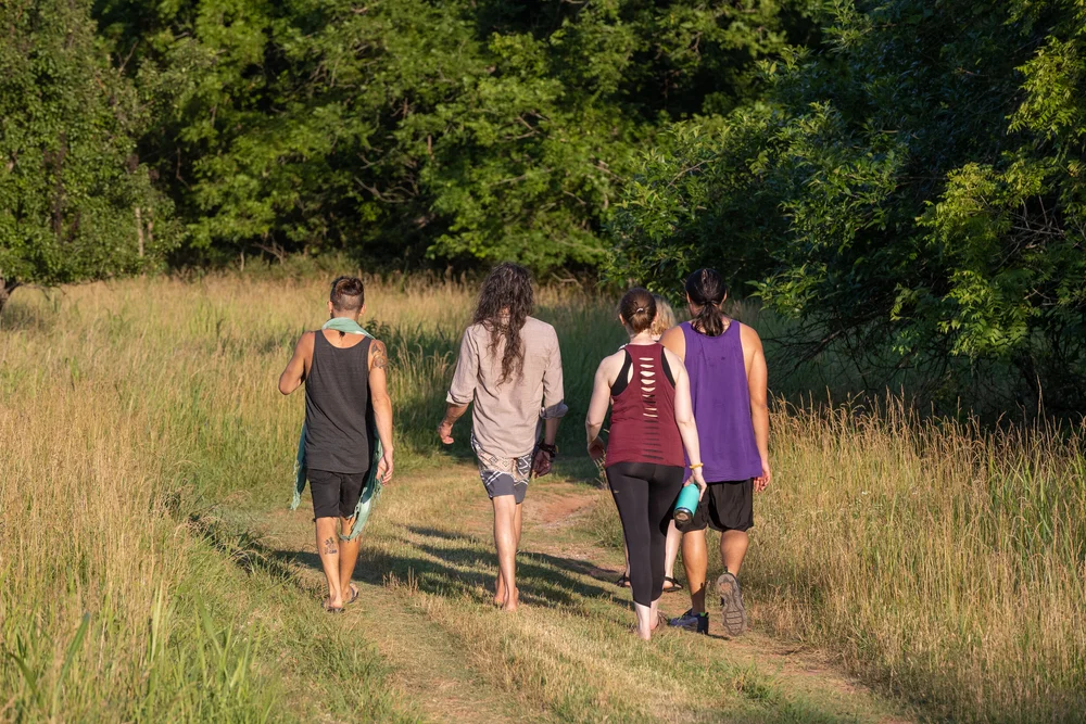Four women walking away along a grassy path toward the woods