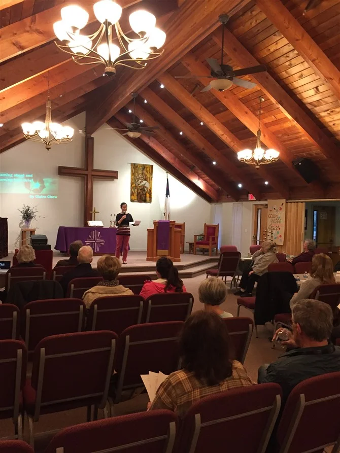 Claire Chow delivers first GRACE Talks presentation, Learning About and Learning From Grief, Tue. April 2, 2019, at San Ramon Grace UMC.