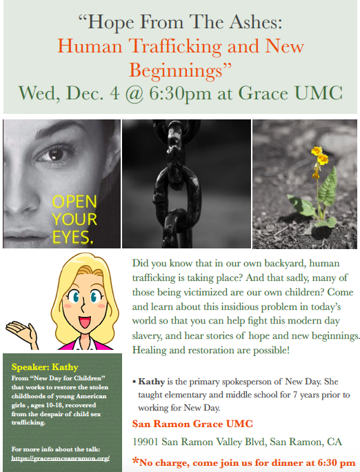 4th GRACE Talks, "Hope From the Ashes: Human Trafficking and New Beginnings" on Wednesday, December. 4, 2019 at 6:30 PM