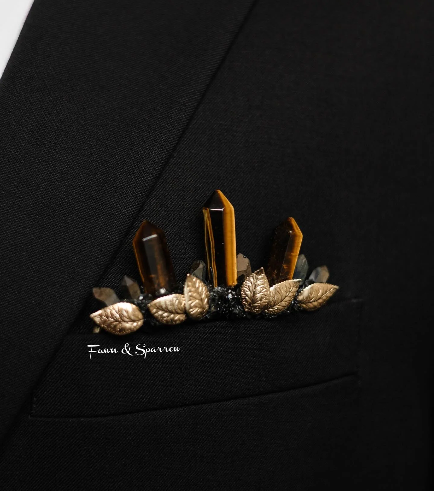 New Tiger&rsquo;s Eye Crystal Pocket Boutonni&egrave;re! We also made a matching hair comb for this piece. Visit our website linked in bio for purchase! #tigerseye #menspocketsquare #menslapel #tigerseyejewelry