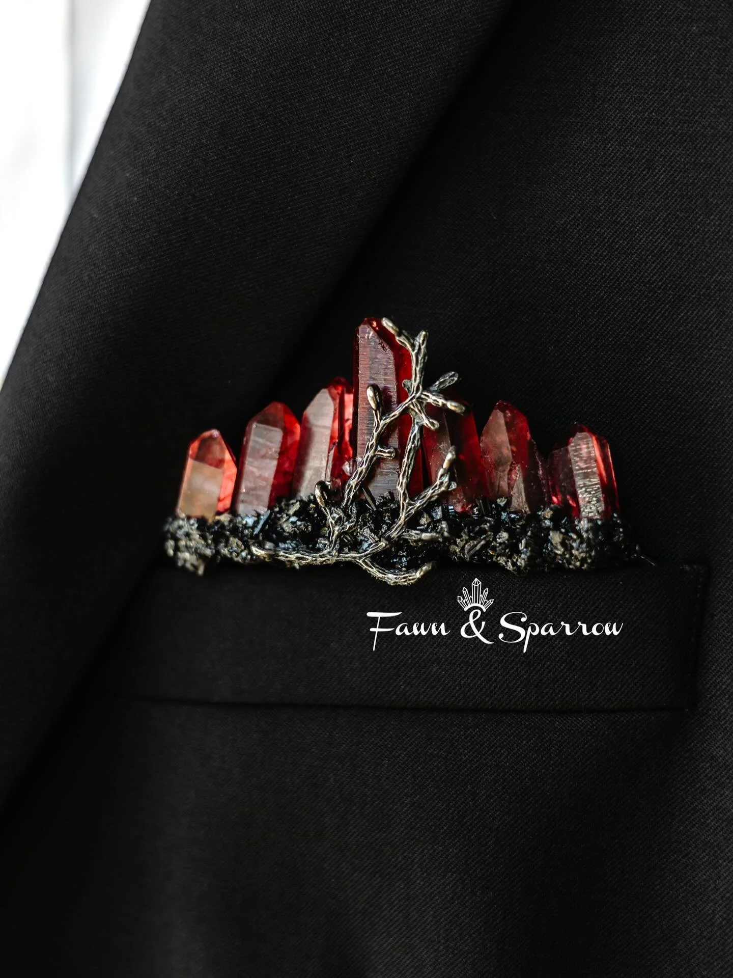 Deep, firery red Quartz pocket boutonni&egrave;re and matching hair comb available for purchase through our website or Etsy shop! This genuine Quartz is heat treated to create the gorgeous garnet toned red hues ❤️ #redquartz #garnetjewelry #menslapel