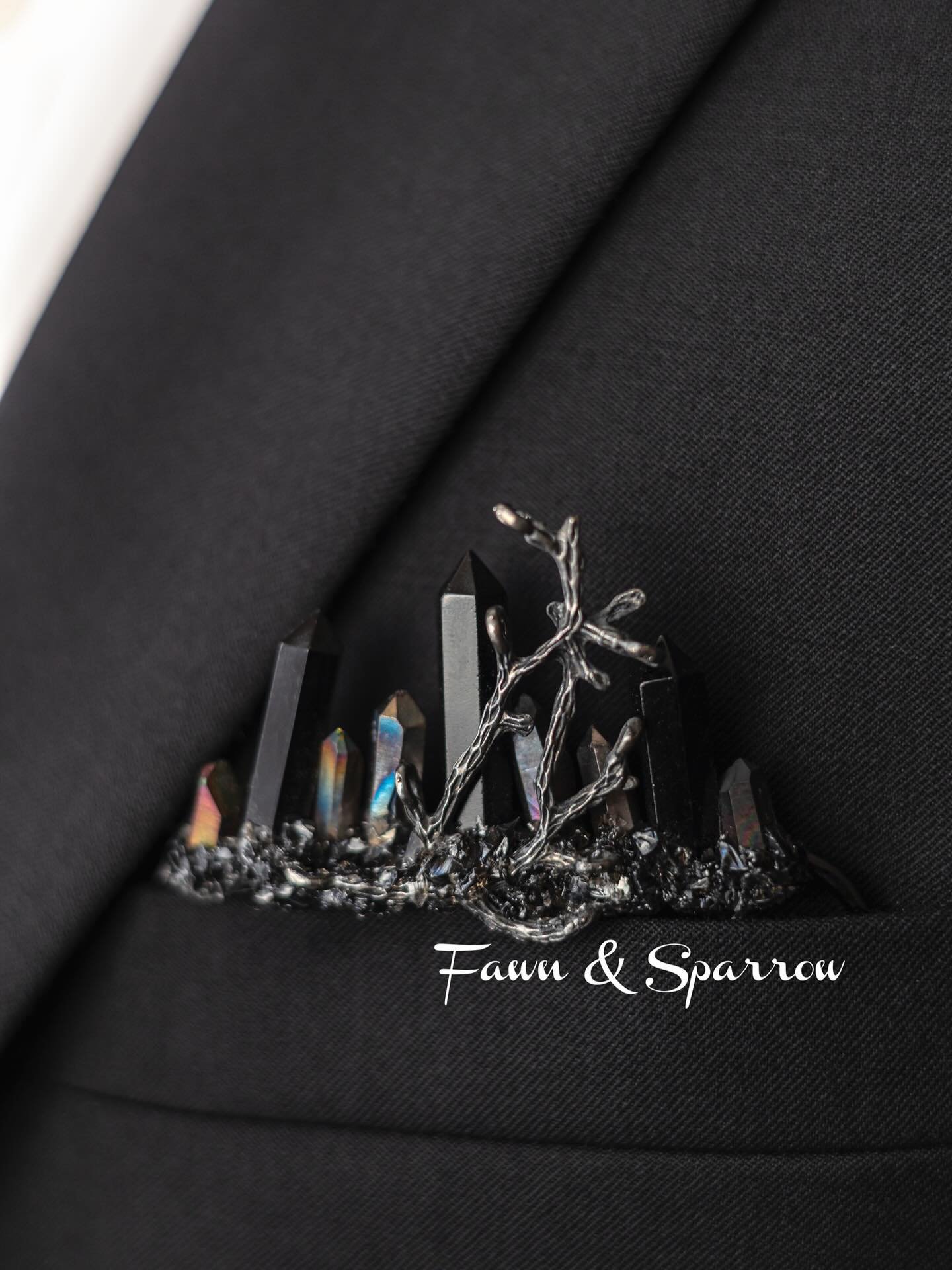 Why not add something more interesting to your suit pocket? Visit our website linked in bio for all of the options, pricing, and shipping details. This piece features Obsidian and Black Quartz 🖤🖤🖤 #menslapel #boutonniere #pocketcrystals #obsidian 