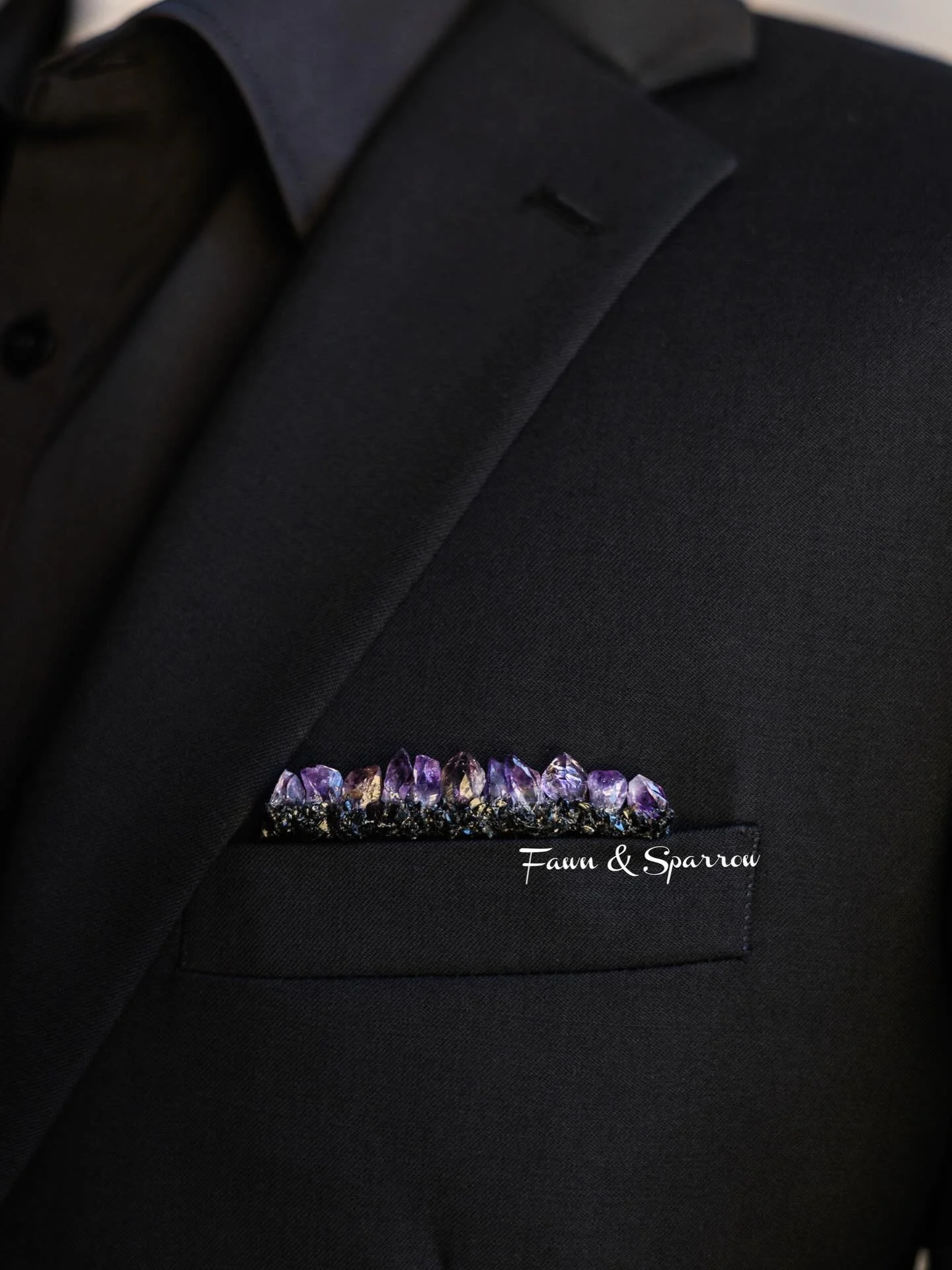 Amethyst and Black Obsidian, this pocket boutonni&egrave;re is one of our more minimal pieces. It lines your suit pocket with genuine high quality stones! The link in our profile will take you to pricing and availability for purchase 🖤💜 #amethyst #