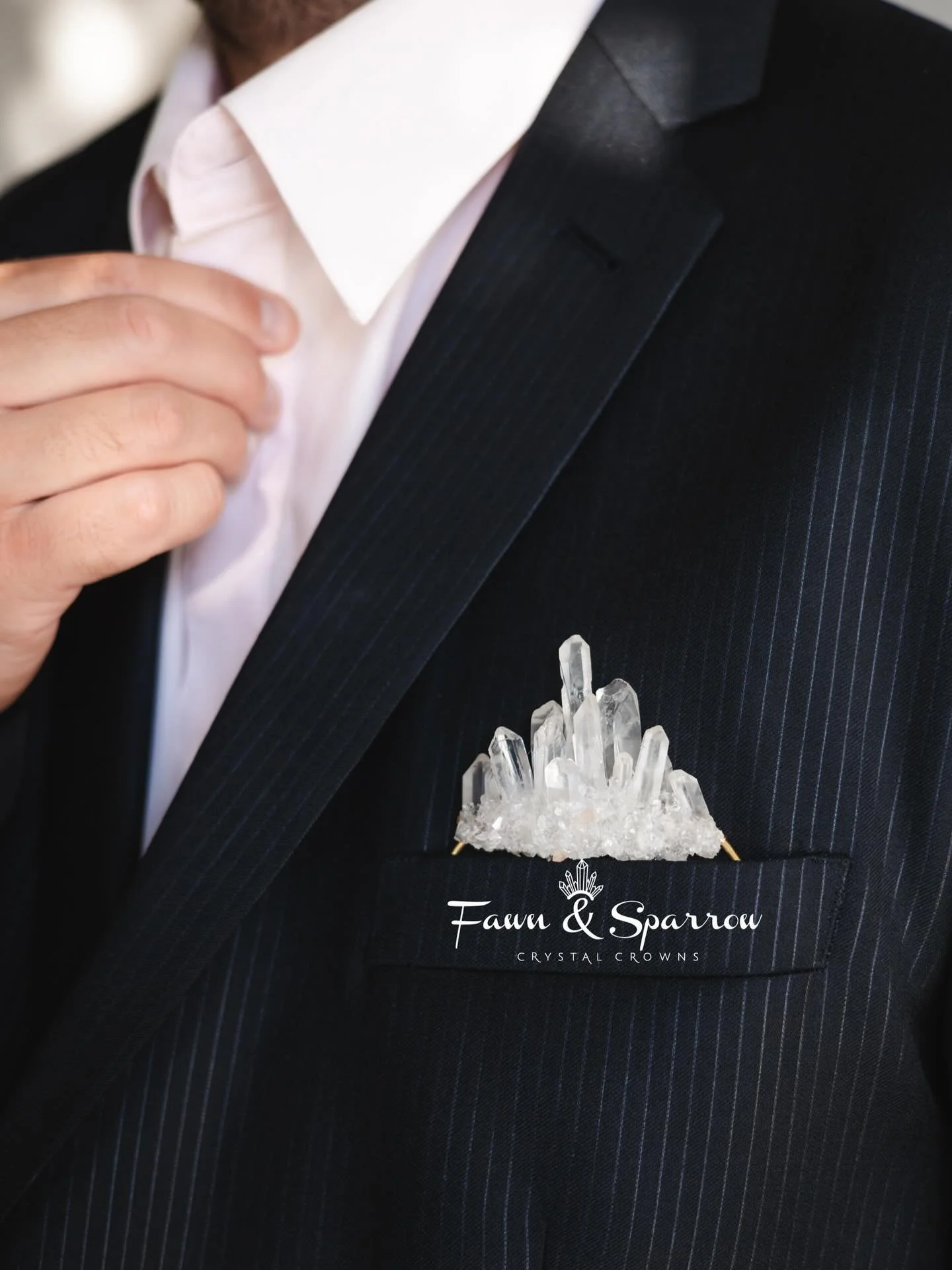 Large Quartz Crystal Pocket Boutonni&egrave;re, we also make this in a smaller version as well! Link in bio for details #boutonni&egrave;re #mensjewellery #pocketboutonniere #weddingaccessories #crystalaccessories