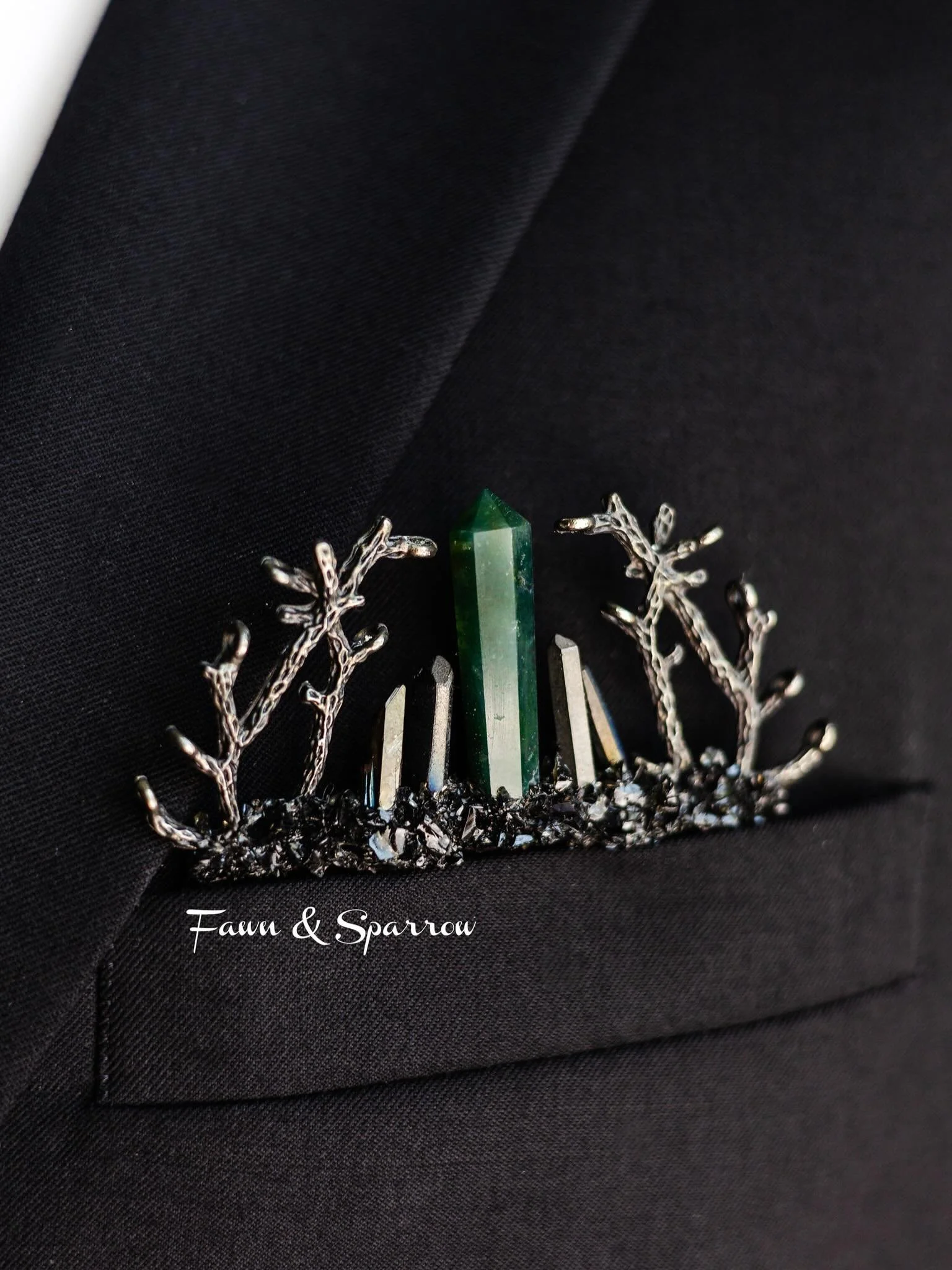 New matching pocket accessory and Tiara added to our website! This set features genuine dark green Moss Agate, black Quartz and black Obsidian! Click on our profile to find links to our website or Etsy shop (international shipping) and to view all pr