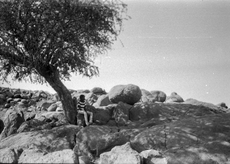 monochrome image taken by Salih Basheer showing a person sitting under a tree in a rocky landscape