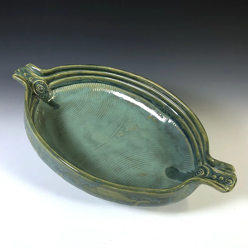 Green, teal, turquoise, footed oval platter will show off your culinary endeavors