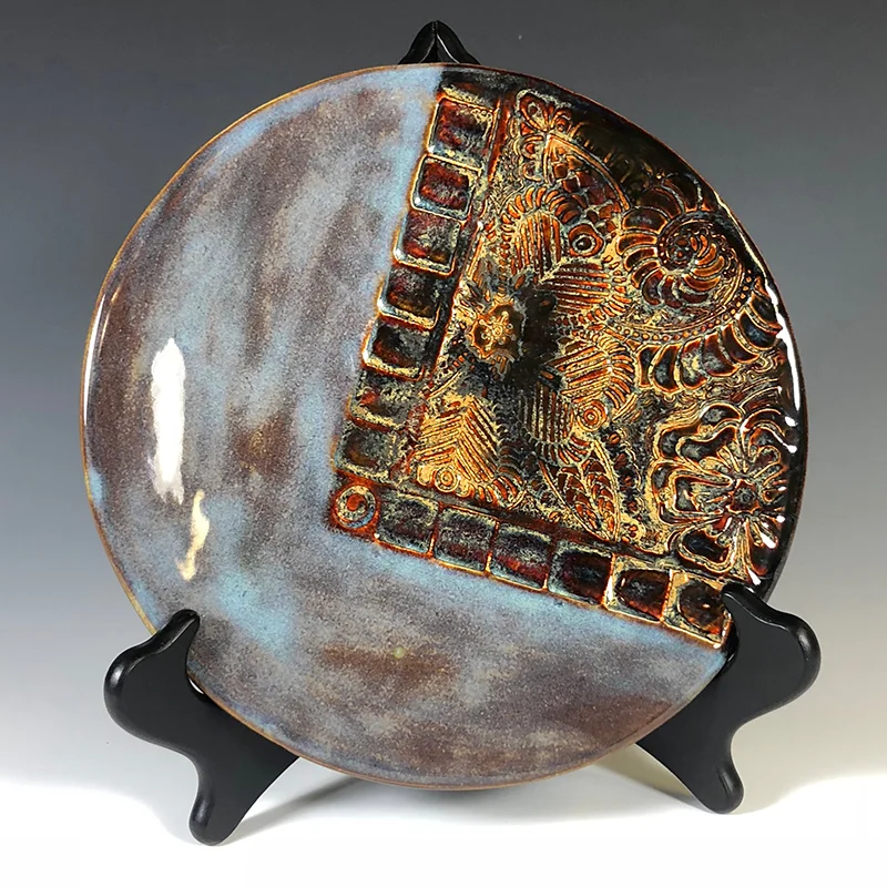 Handmade serving plate of ancient jaspers and warm blues