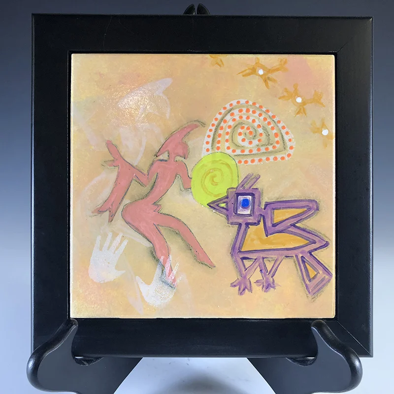 Giant bird talks to man on this stylized petroglyph-like tile