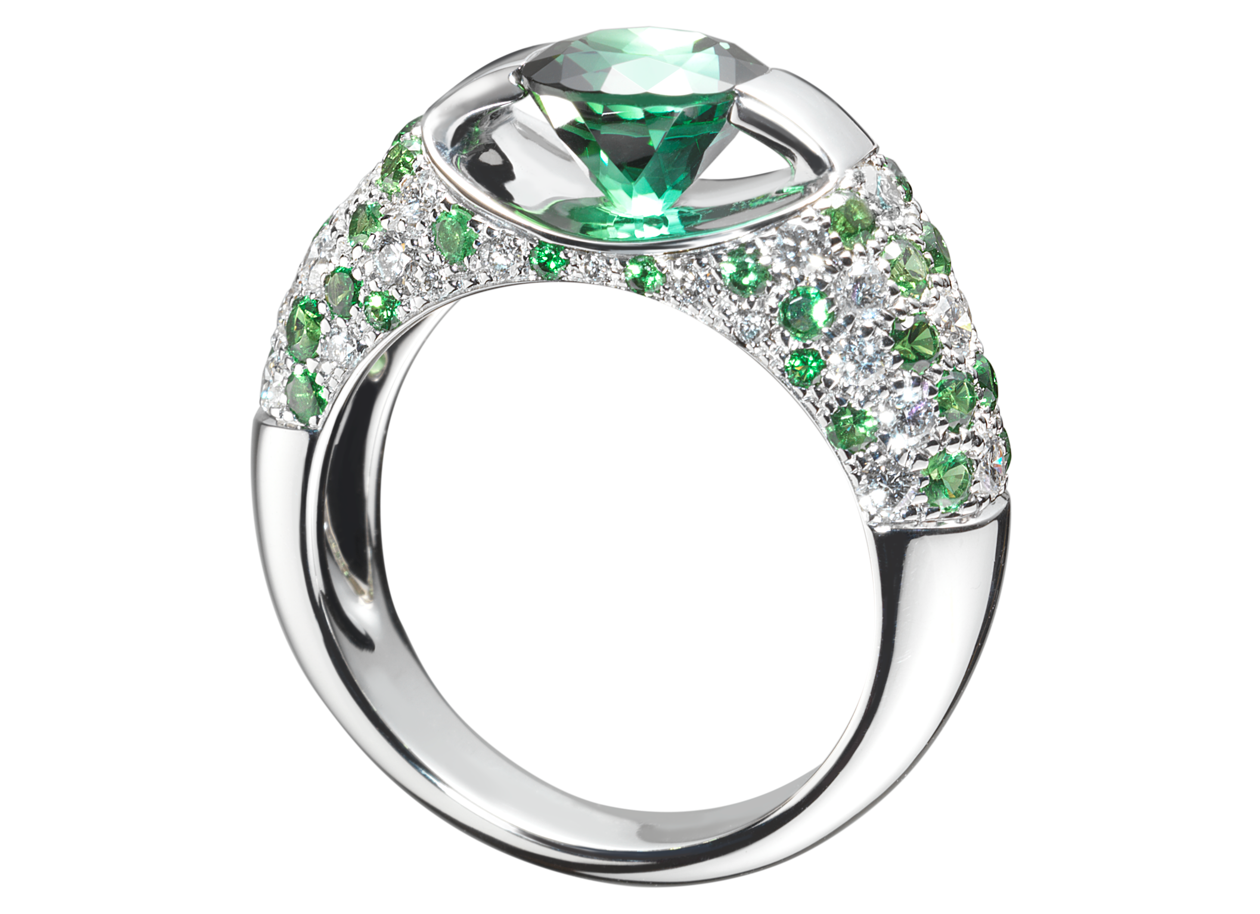 Bague Eolia or blanc Tourmaline verte et pavage de diamants et tsavorites.png