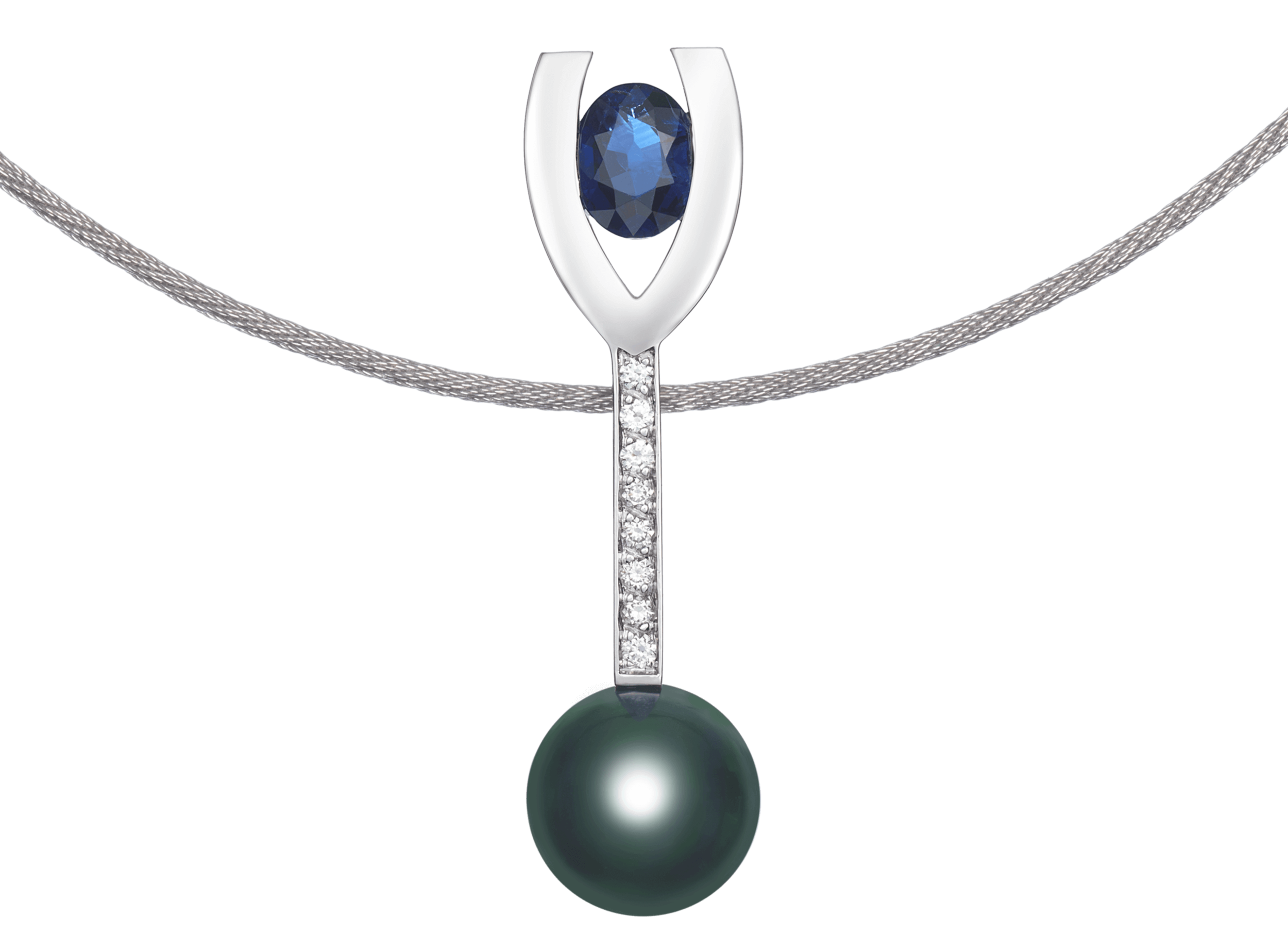 Pendentif Esméralda or blanc diamants, saphir haut et perle de Tahiti.png