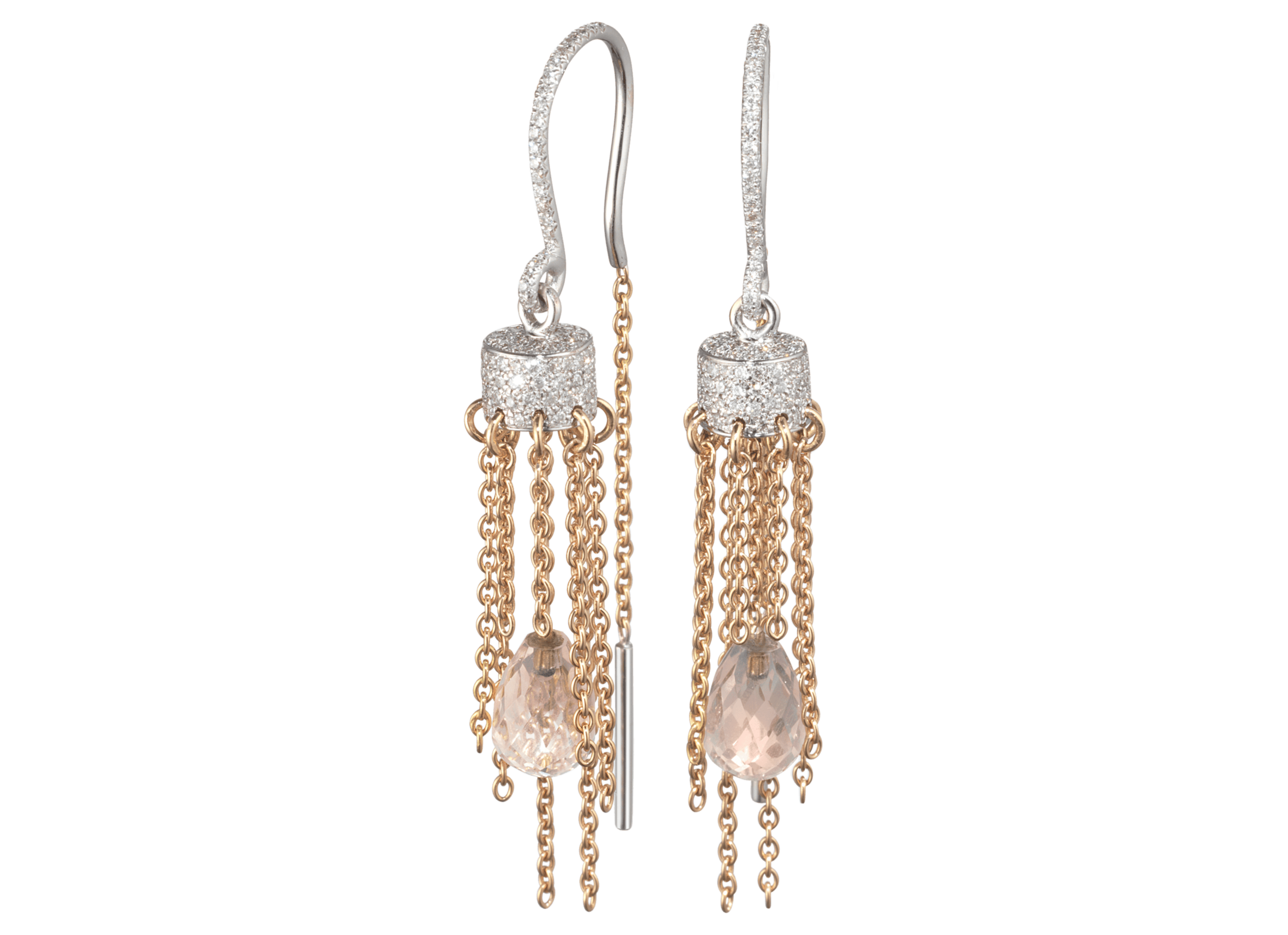 Boucles d'oreille Cygne or blanc et rouge pampille quartz rose et pavage diamants.png